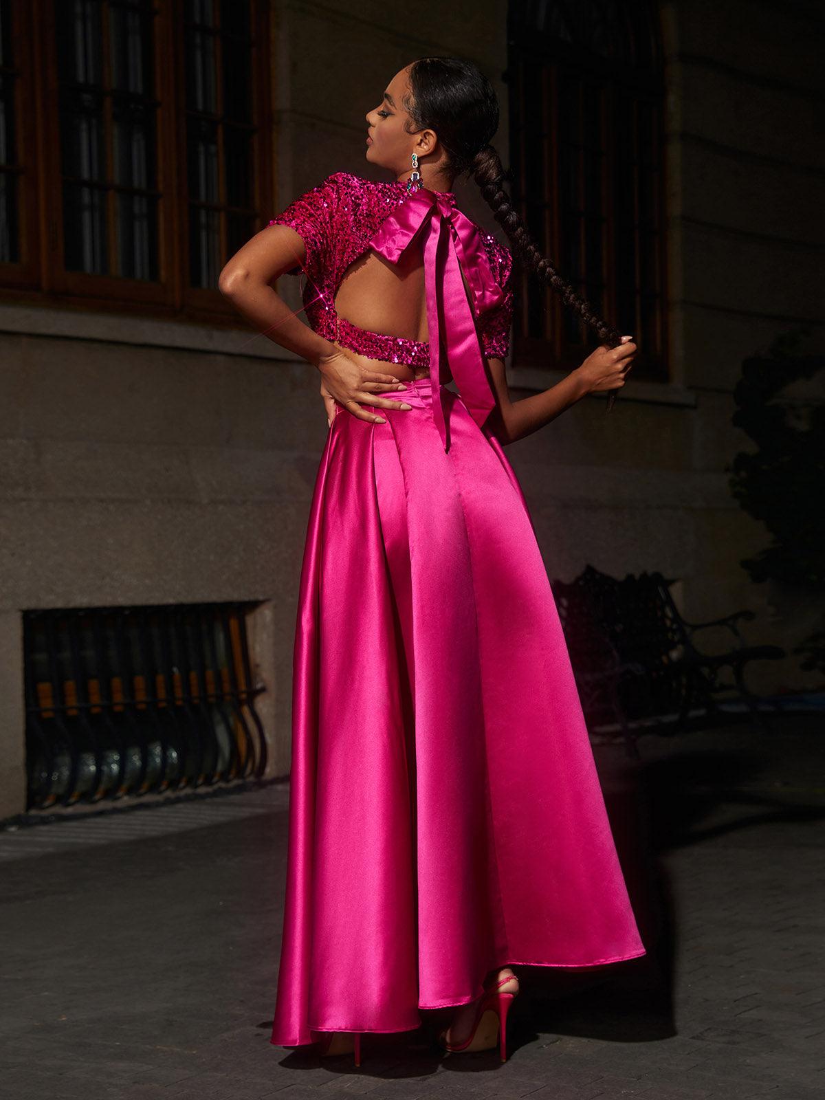 Ginebra Short Sleeve Split Skirt Set showcasing elegant satin fabric and stylish design for evening wear.