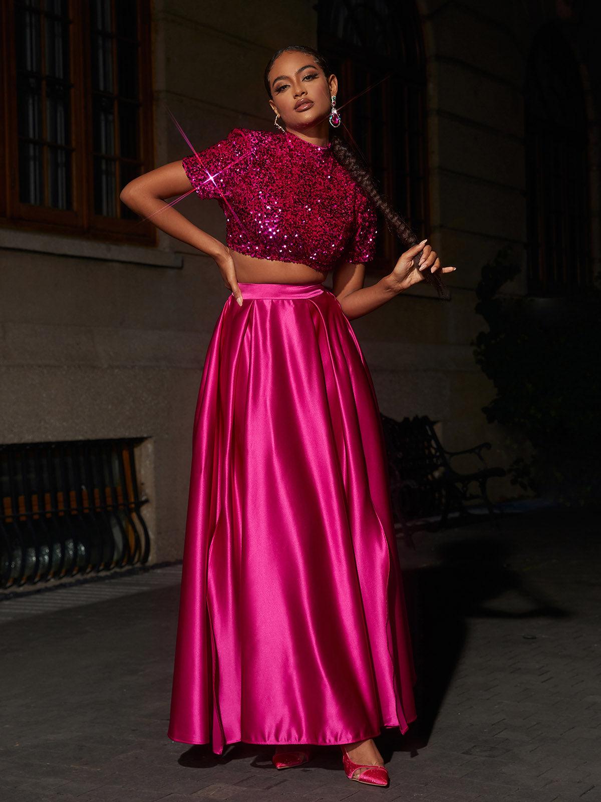 Ginebra Short Sleeve Split Skirt Set showcasing elegant satin fabric and stylish design for evening wear.
