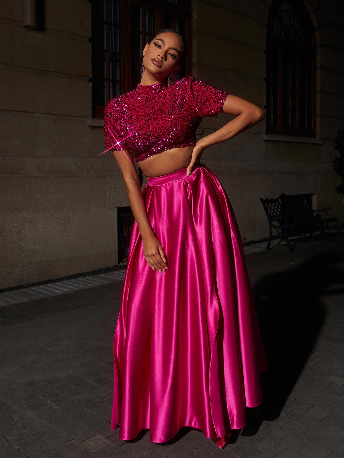 Ginebra Short Sleeve Split Skirt Set showcasing elegant satin fabric and stylish design for evening wear.