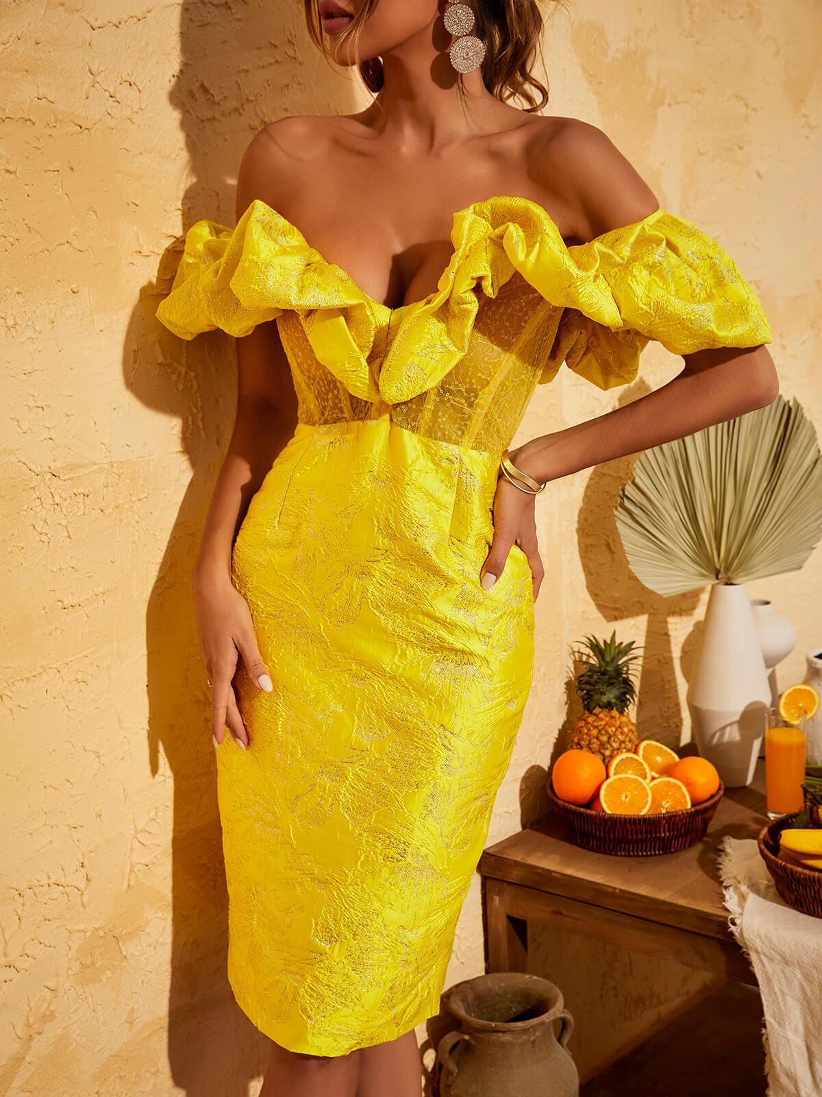 Giselle jacquard off shoulder midi dress in yellow with flounced ruffles and plunging neckline.