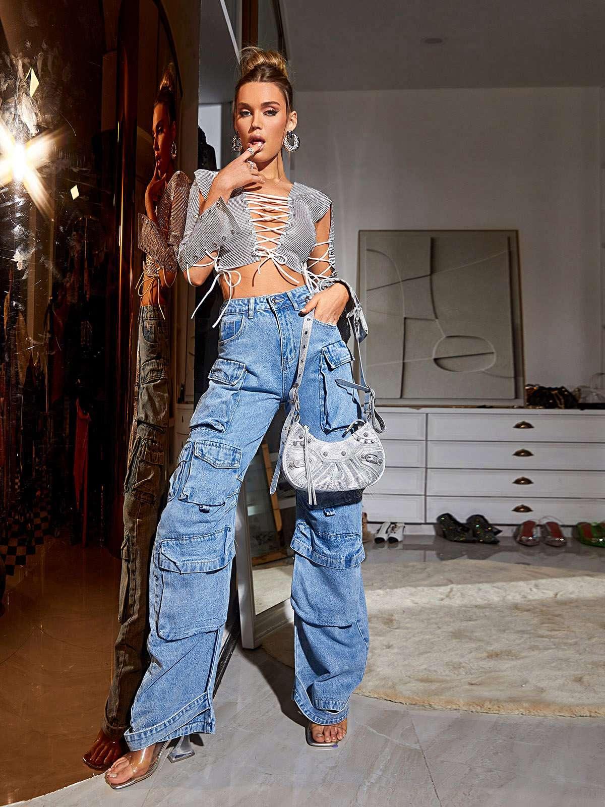 Model wearing Giulia Denim Pants in Blue, demonstrating the perfect fit and stylish design suitable for various occasions.