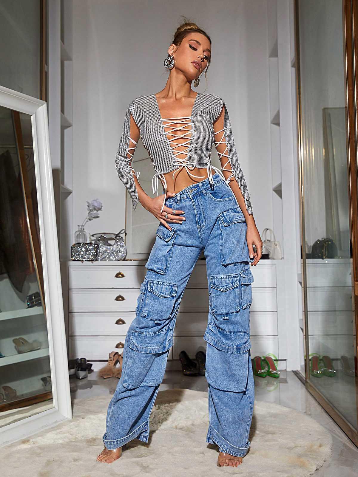 Close-up of Giulia Denim Pants in Blue highlighting the premium quality fabric and classic stitching.