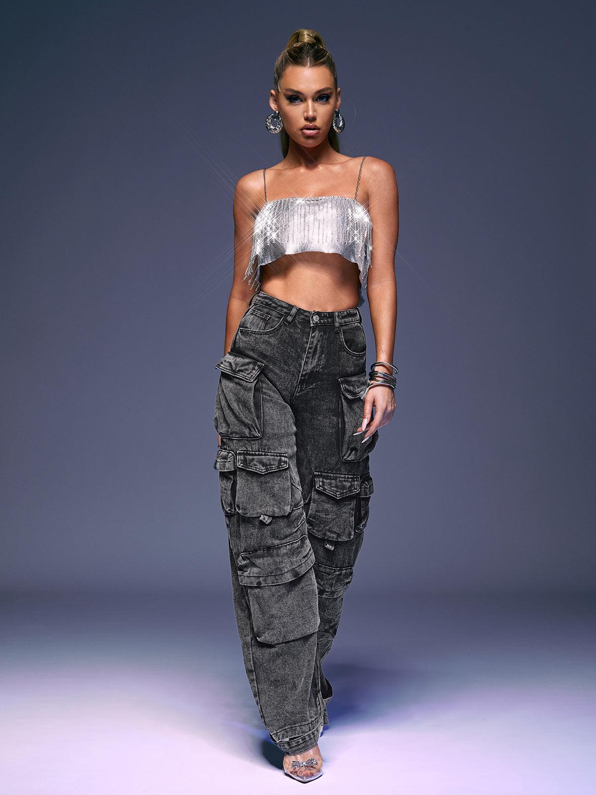 Giulia Denim Pants in Grey, stylishly designed for comfort and versatility, available in sizes S to L.