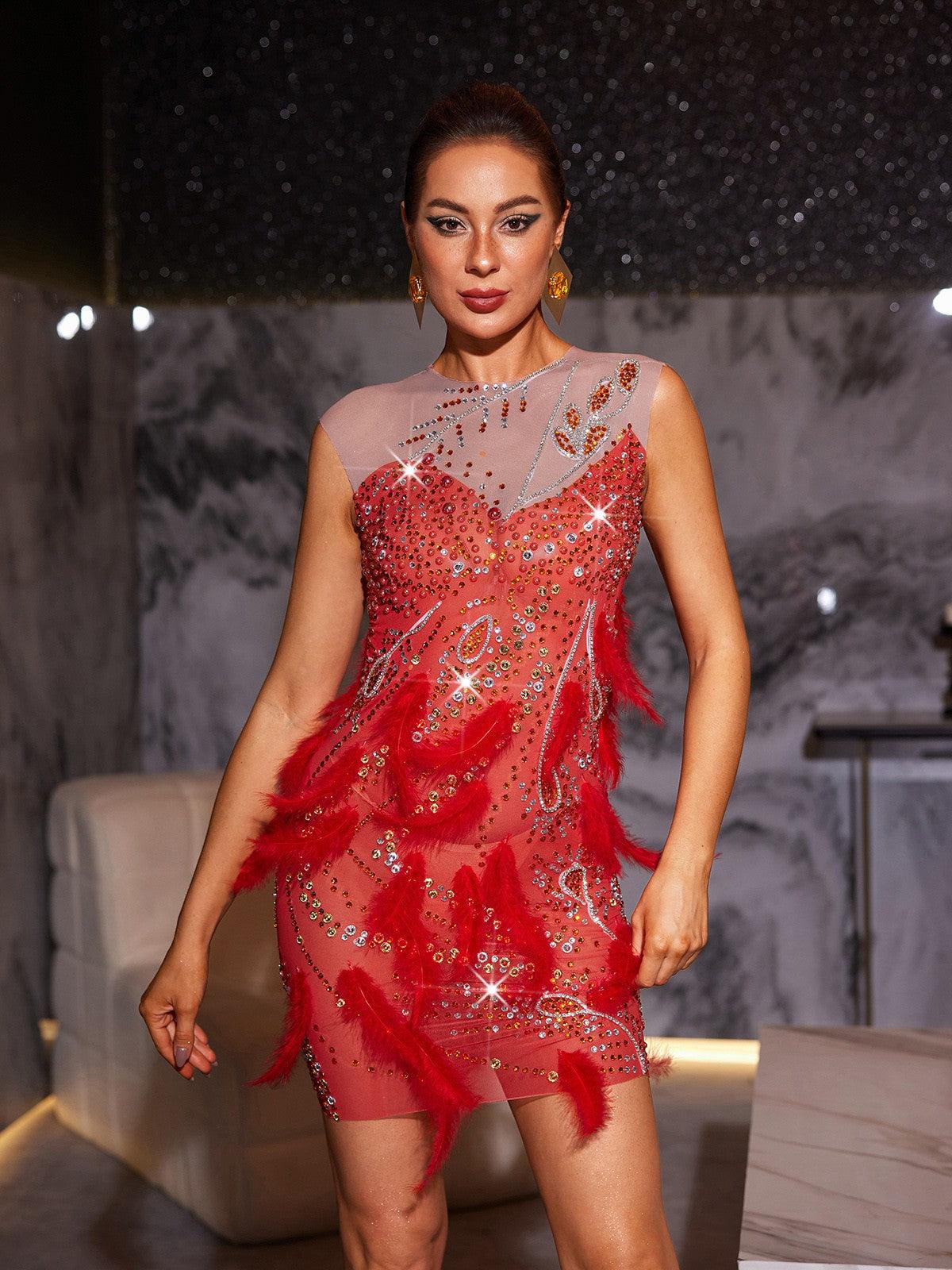 Goku Rhinestone Feather Mini Dress featuring elegant feathers and shimmering rhinestones, ideal for chic evening wear.