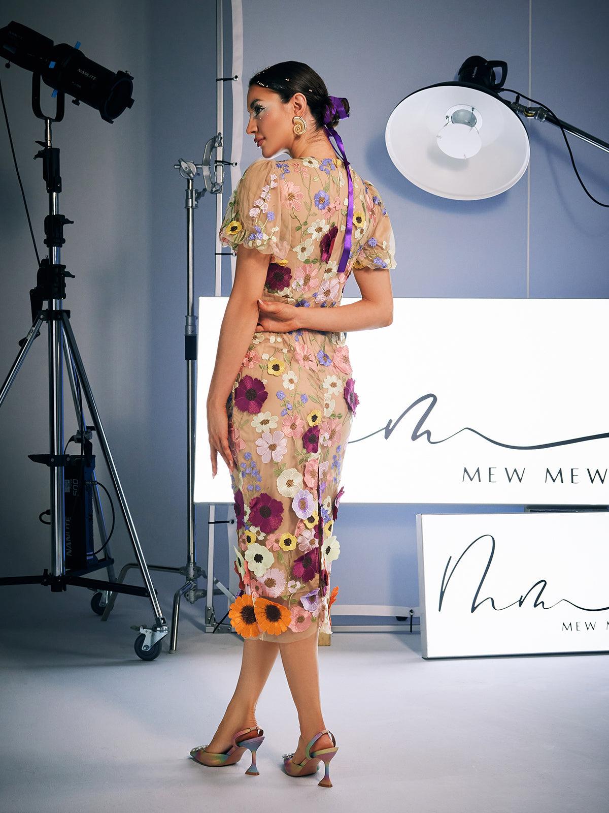 Grayson Flower Embroidered Midi Dress in Apricot, featuring unique embroidery and a flattering fit, ideal for weddings and garden parties.