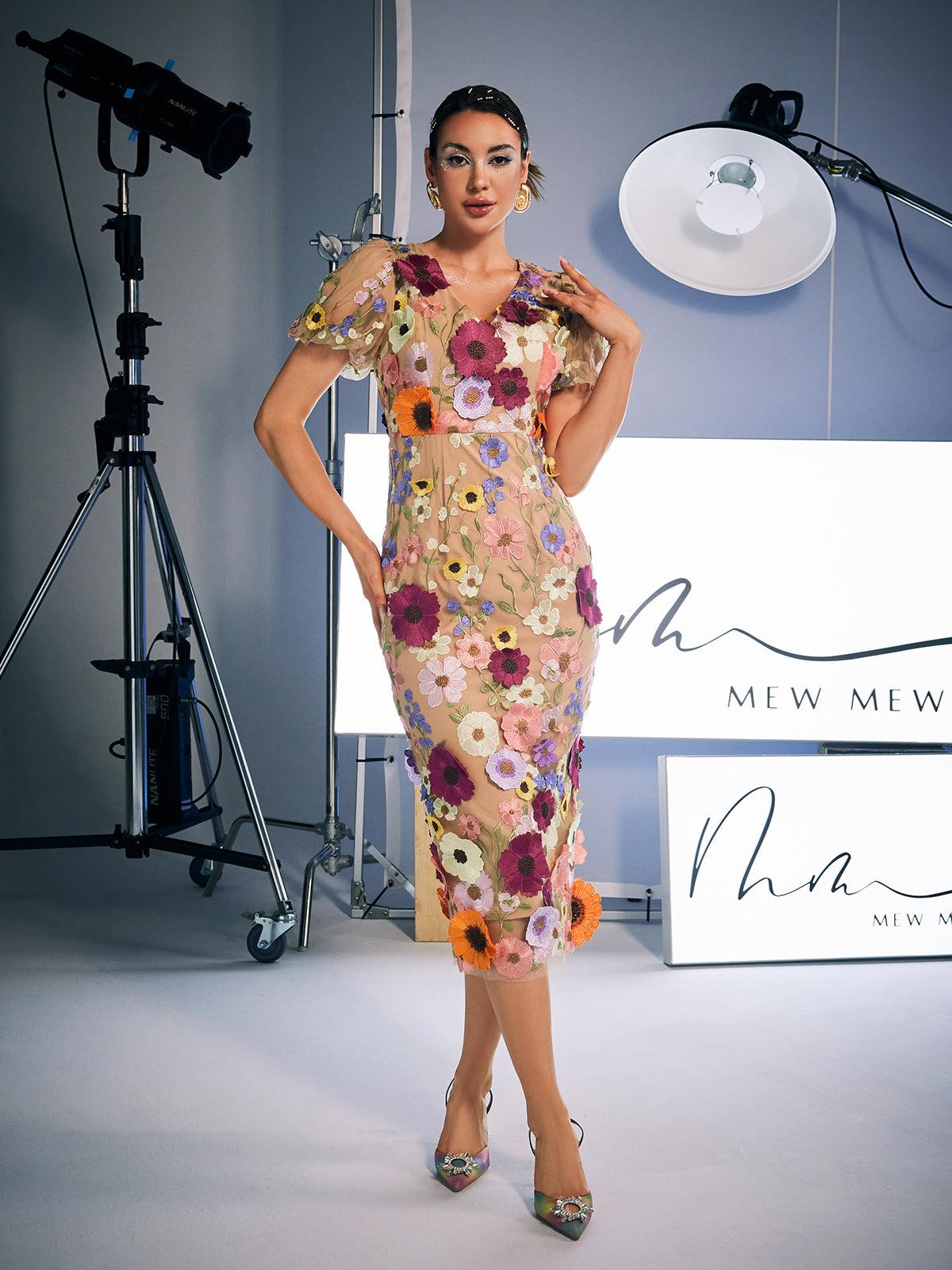 Grayson Flower Embroidered Midi Dress in Apricot, featuring unique embroidery and a flattering fit, ideal for weddings and garden parties.