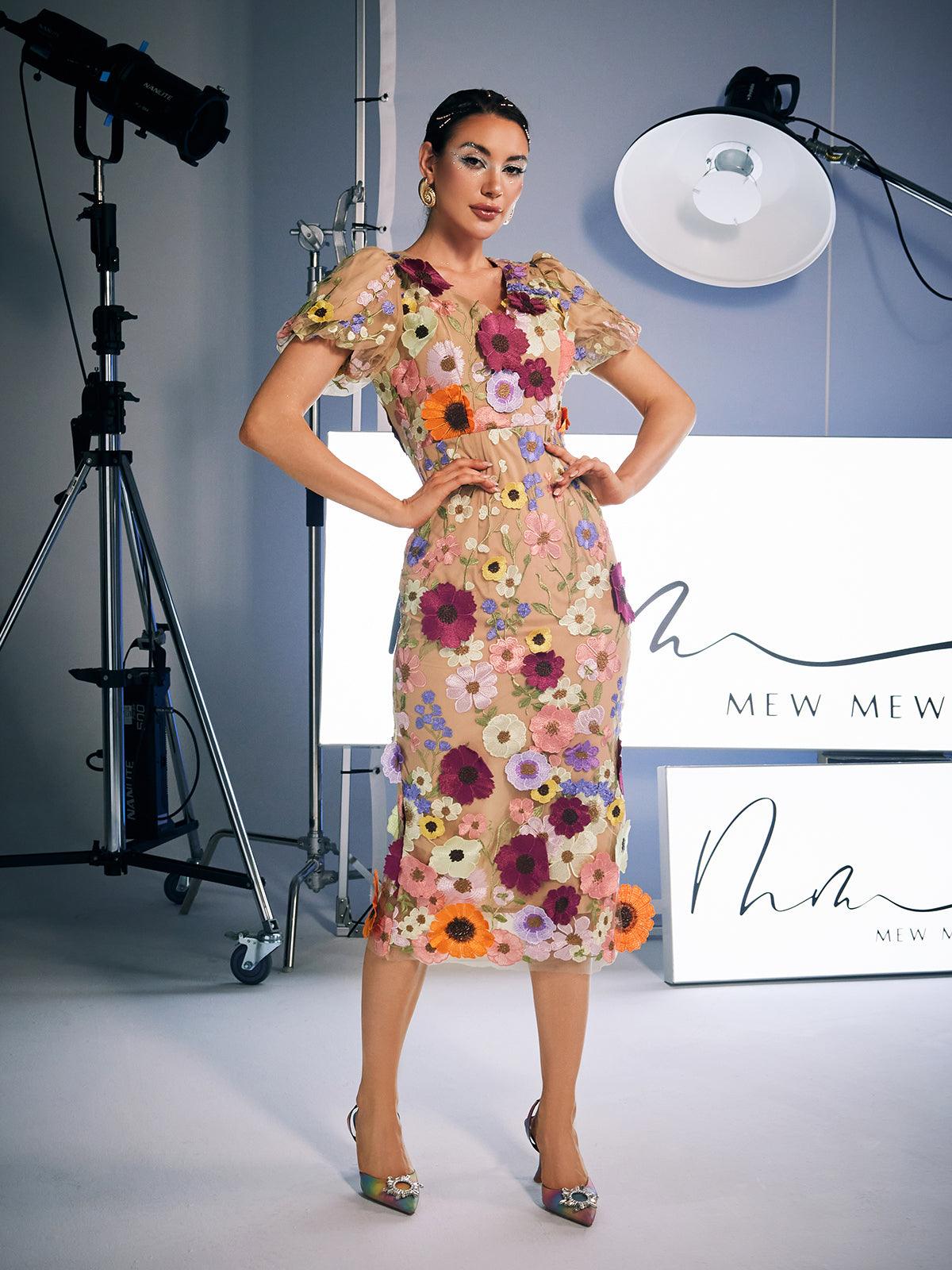 Grayson Flower Embroidered Midi Dress in Apricot, featuring unique embroidery and a flattering fit, ideal for weddings and garden parties.
