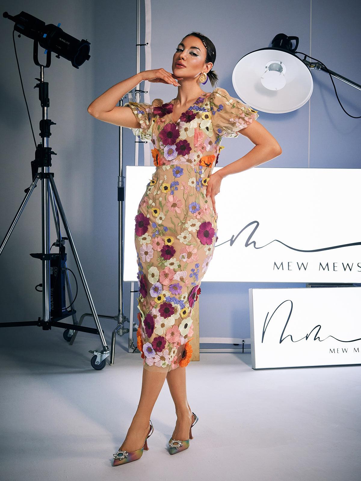 Grayson Flower Embroidered Midi Dress in Apricot, featuring unique embroidery and a flattering fit, ideal for weddings and garden parties.