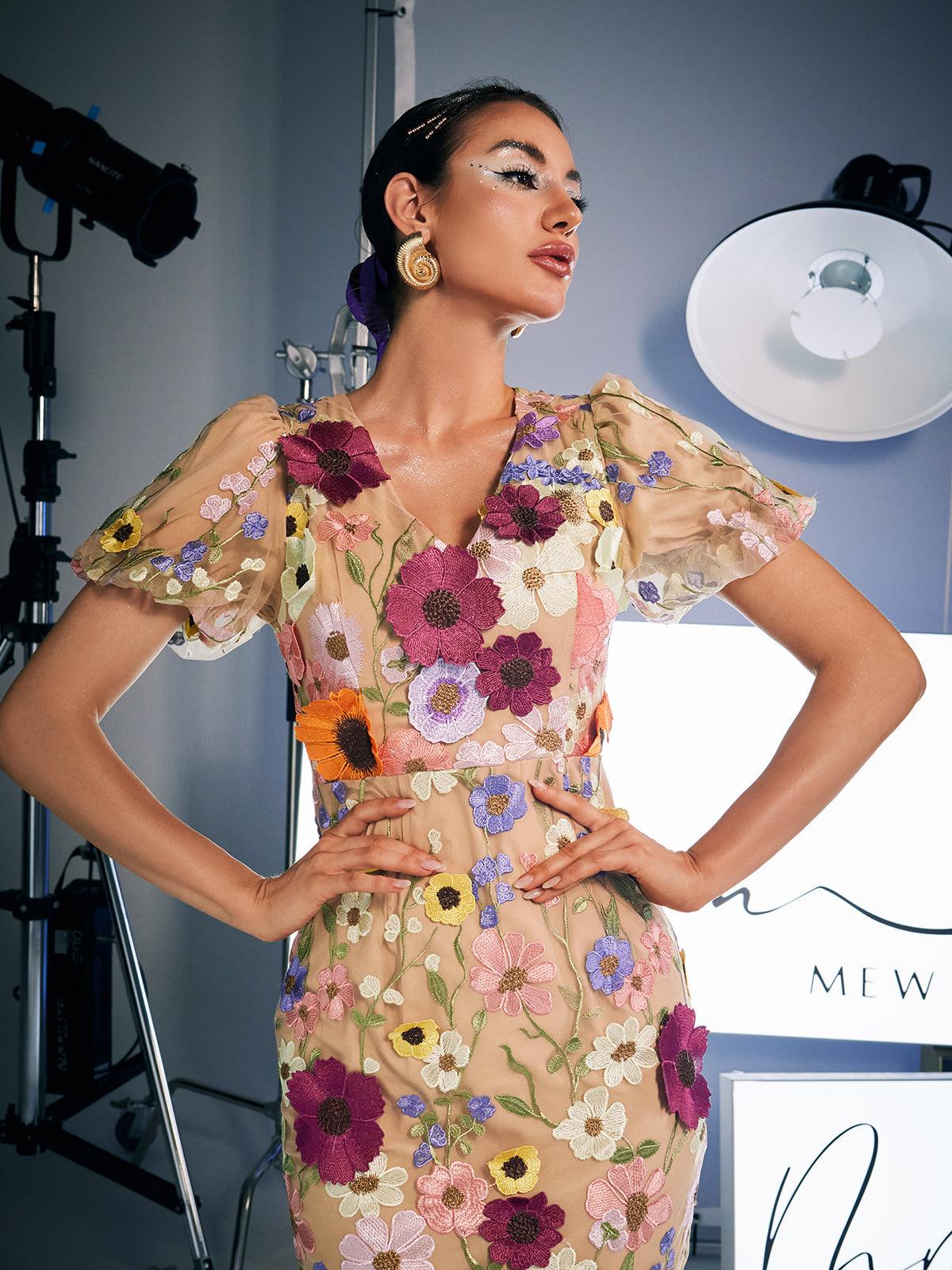 Grayson Flower Embroidered Midi Dress in Apricot, featuring unique embroidery and a flattering fit, ideal for weddings and garden parties.