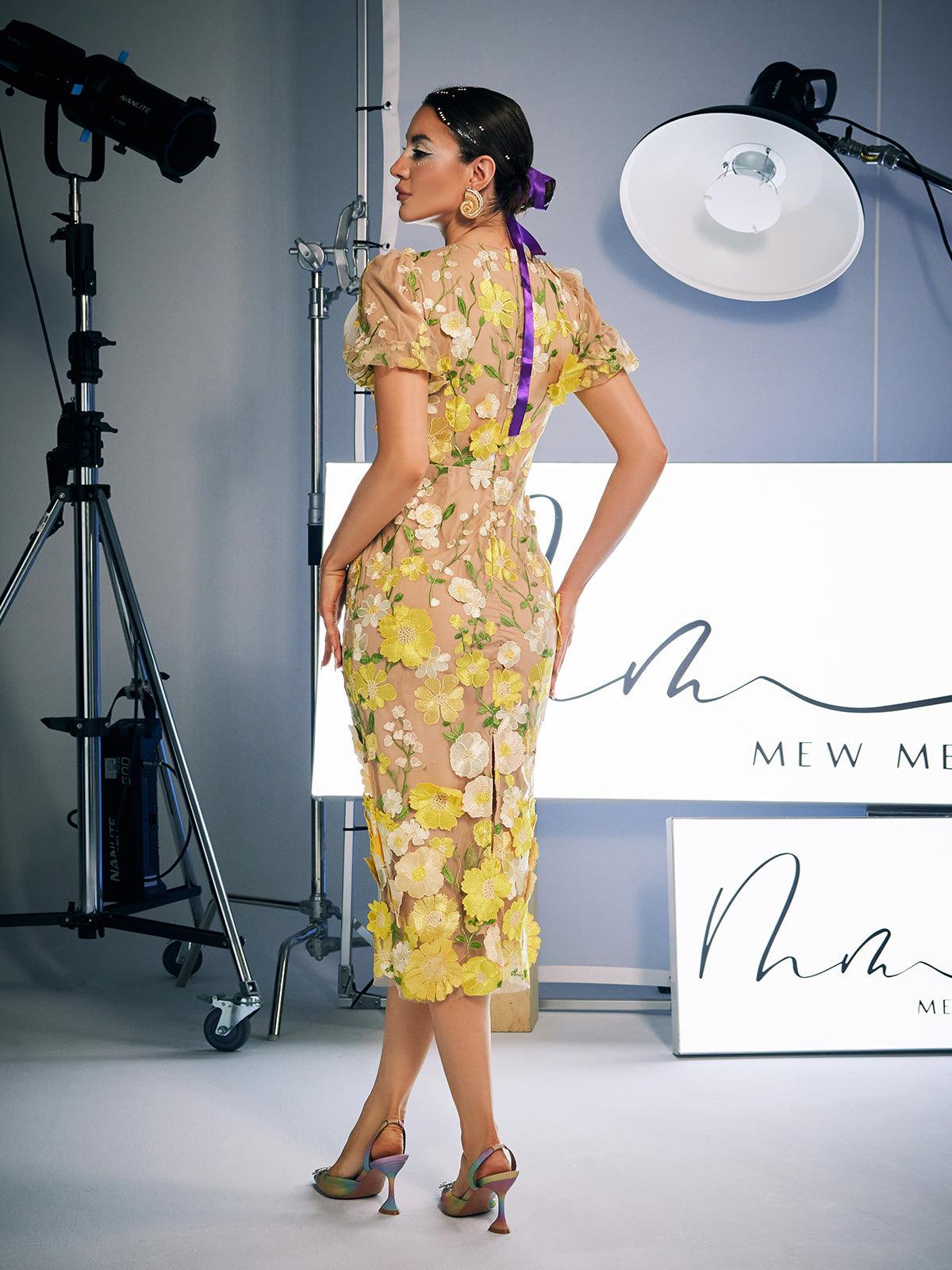 Grayson Flower Embroidered Midi Dress in yellow, showcasing elegant floral embroidery and stylish midi length design.