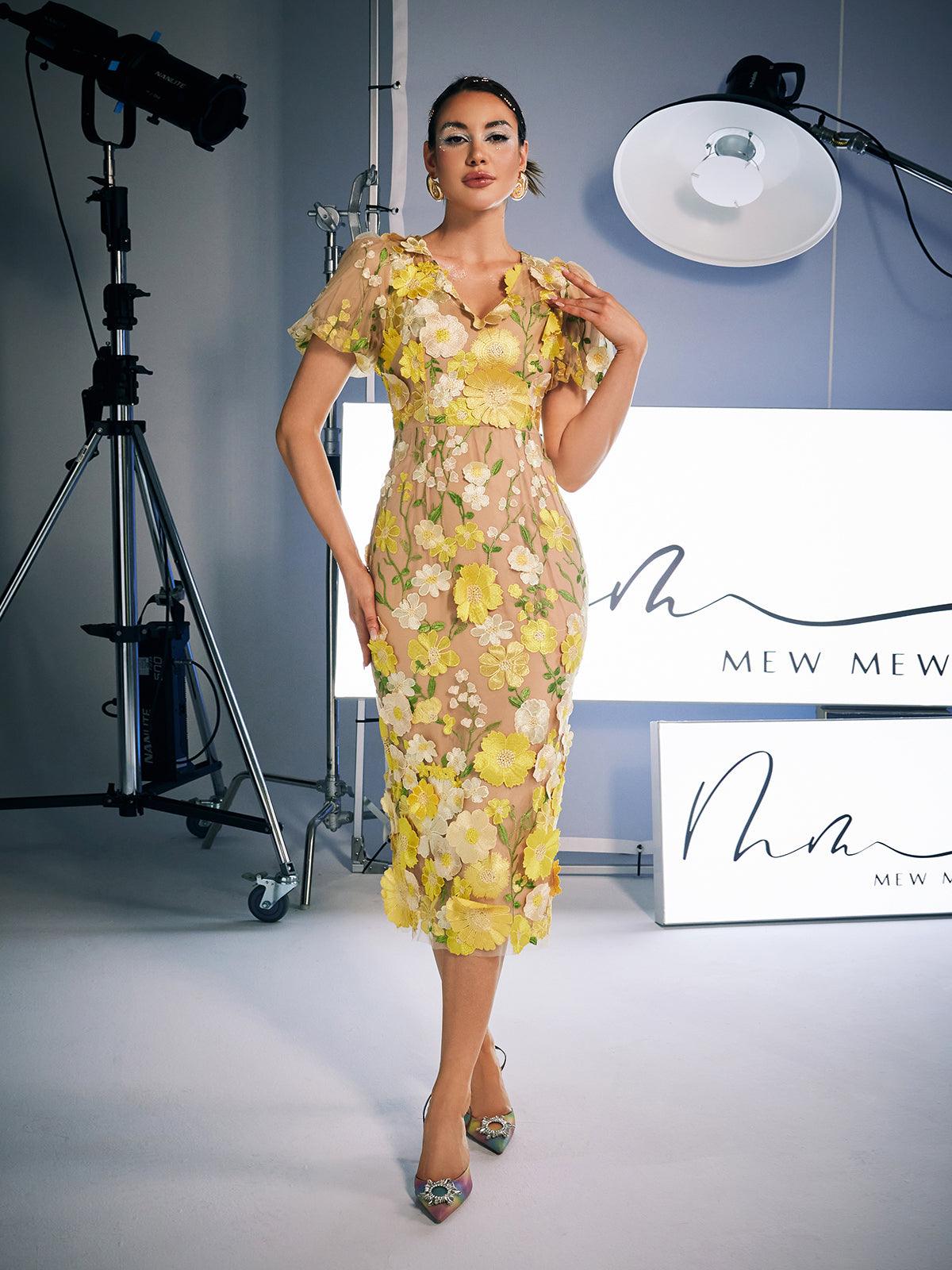 Grayson Flower Embroidered Midi Dress in yellow, showcasing elegant floral embroidery and stylish midi length design.