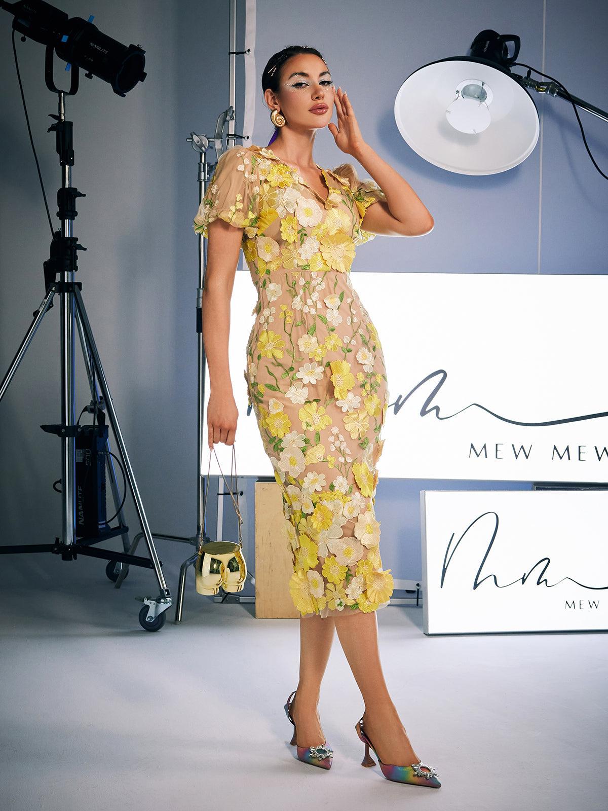 Grayson Flower Embroidered Midi Dress in yellow, showcasing elegant floral embroidery and stylish midi length design.