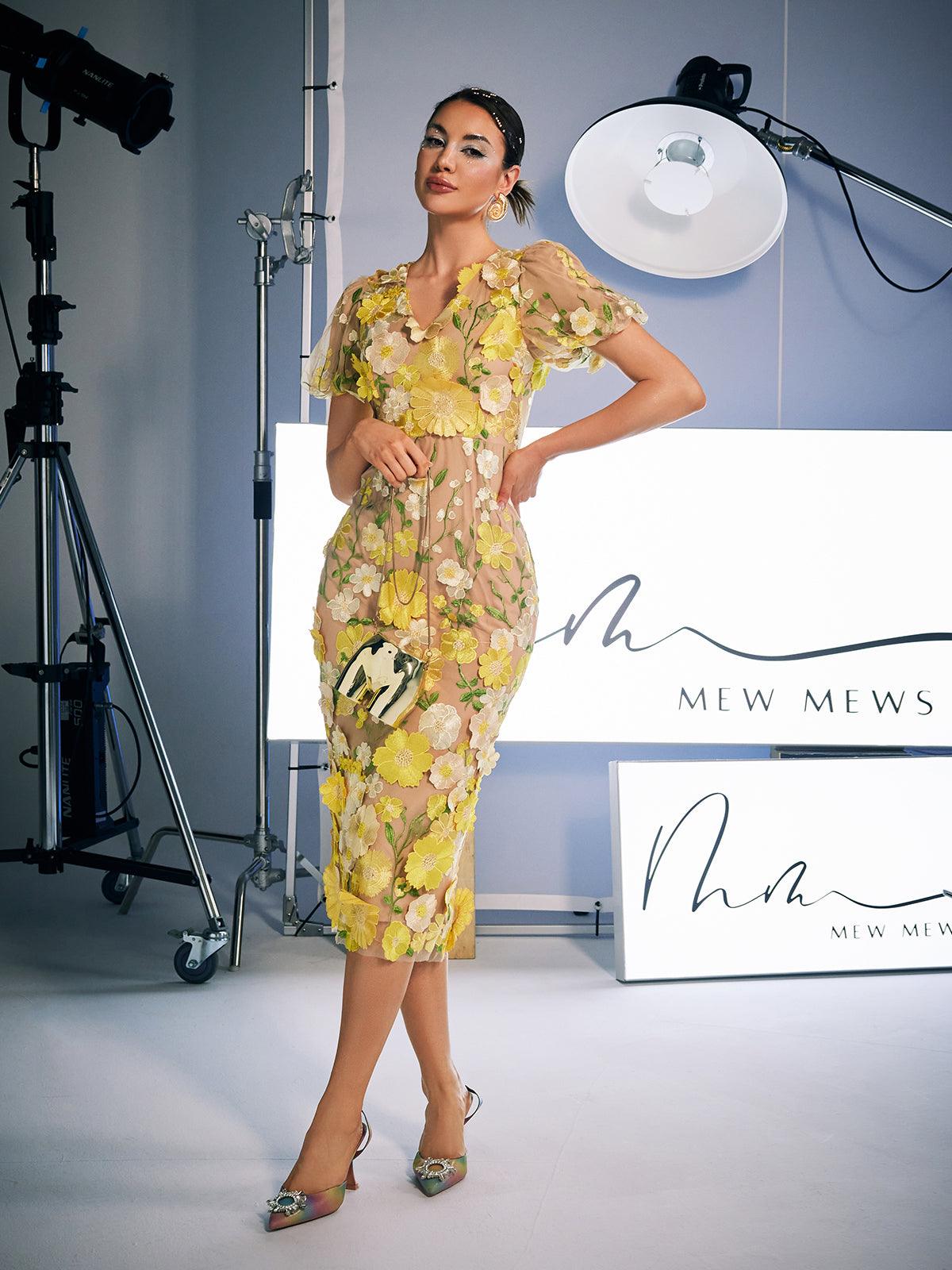 Grayson Flower Embroidered Midi Dress in yellow, showcasing elegant floral embroidery and stylish midi length design.