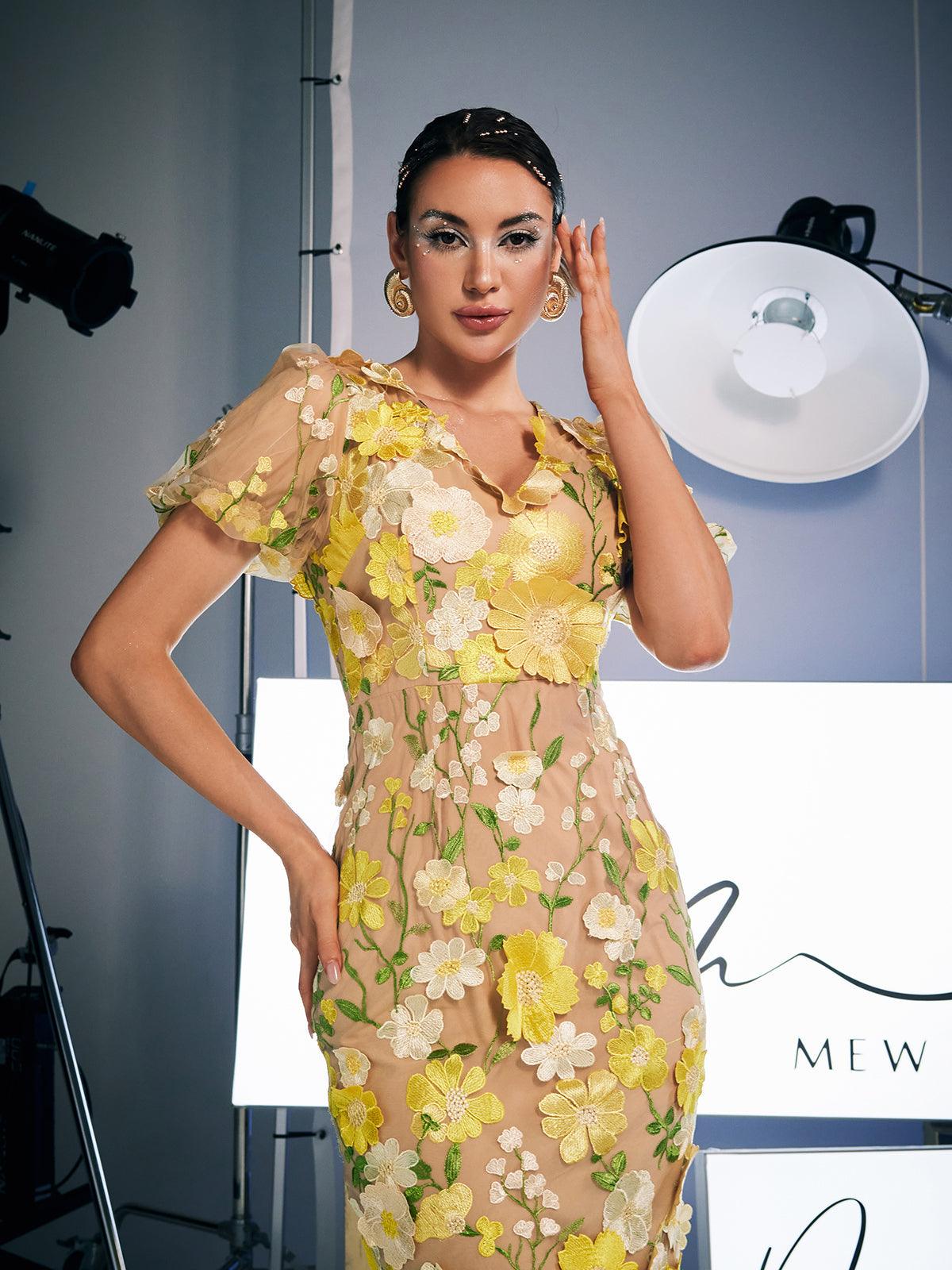 Grayson Flower Embroidered Midi Dress in yellow, showcasing elegant floral embroidery and stylish midi length design.
