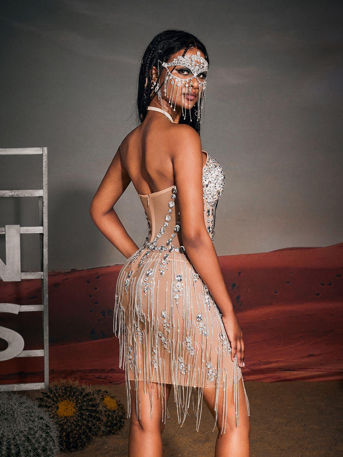 Gregory Halterneck Rhinestone Fringe Mini Dress featuring playful fringe details and glamorous design, ideal for parties and festivals.