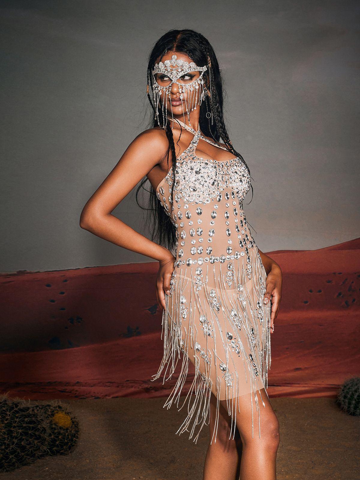 Gregory Halterneck Rhinestone Fringe Mini Dress featuring playful fringe details and glamorous design, ideal for parties and festivals.