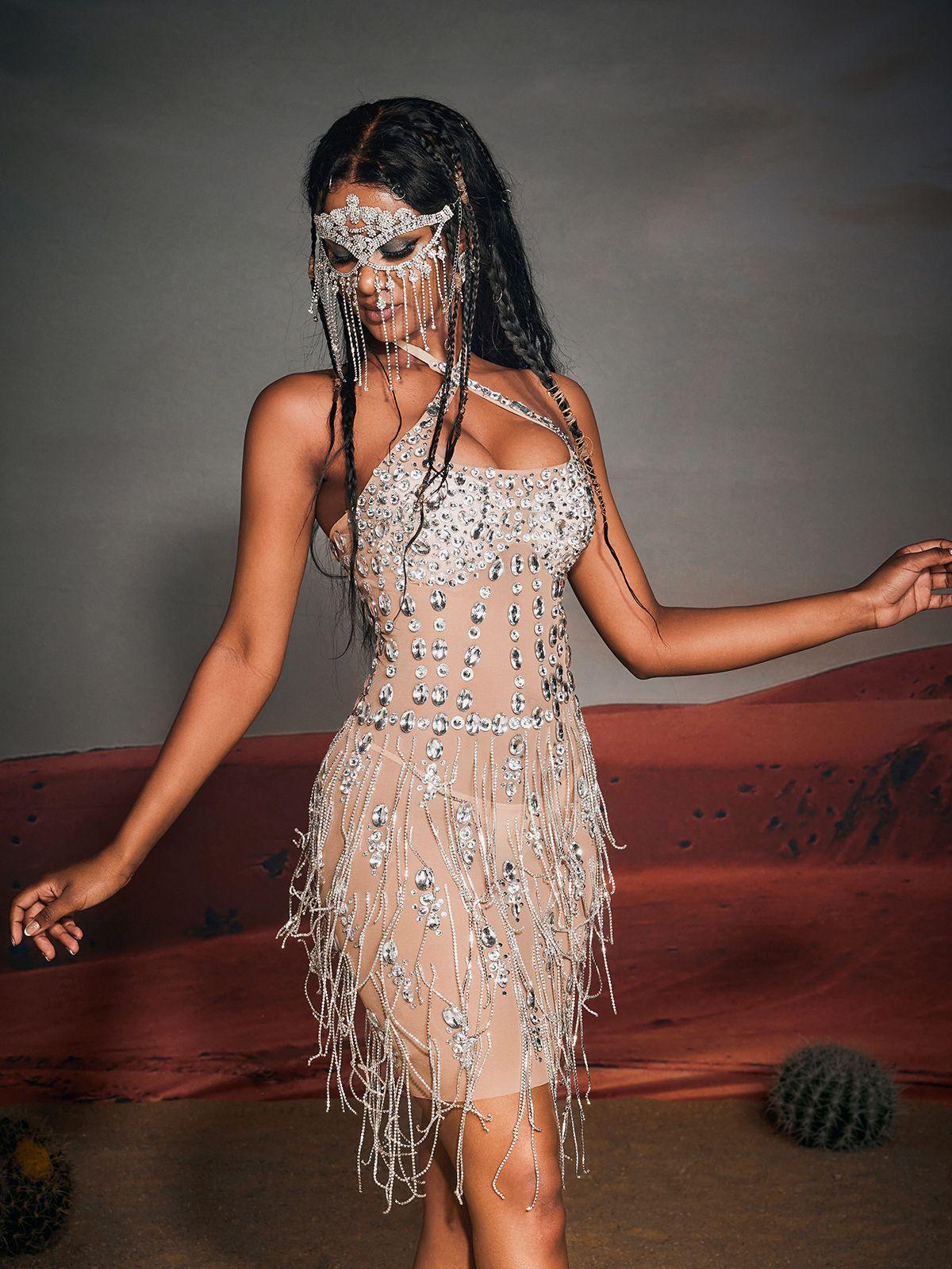 Gregory Halterneck Rhinestone Fringe Mini Dress featuring playful fringe details and glamorous design, ideal for parties and festivals.