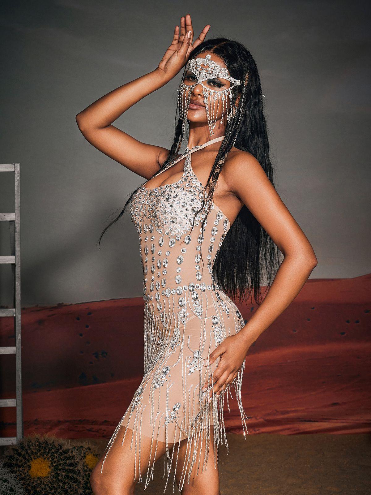 Gregory Halterneck Rhinestone Fringe Mini Dress featuring playful fringe details and glamorous design, ideal for parties and festivals.