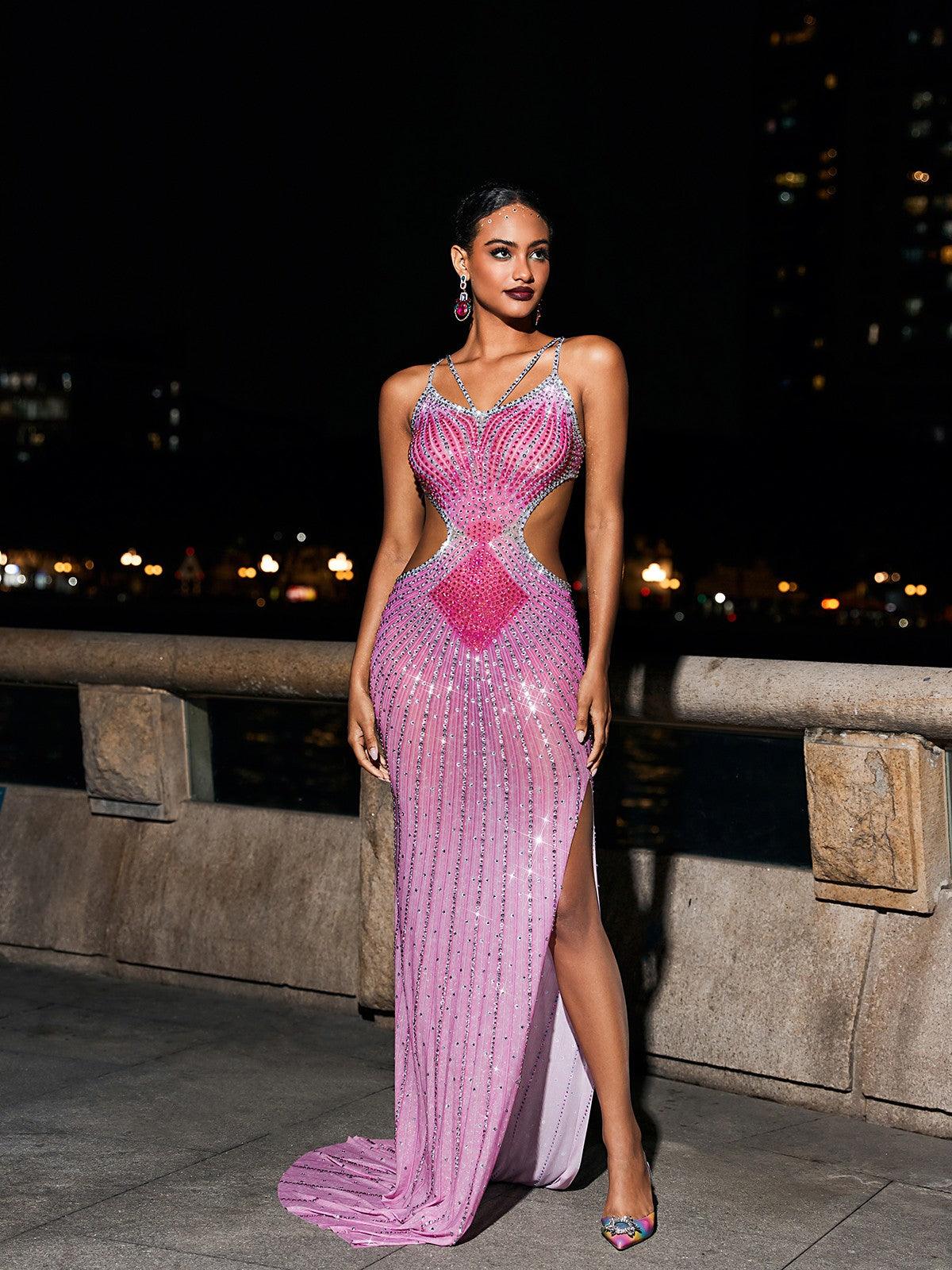 Grey Crystal Cutout Maxi Dress in Hot Pink, featuring a sophisticated design perfect for formal events.