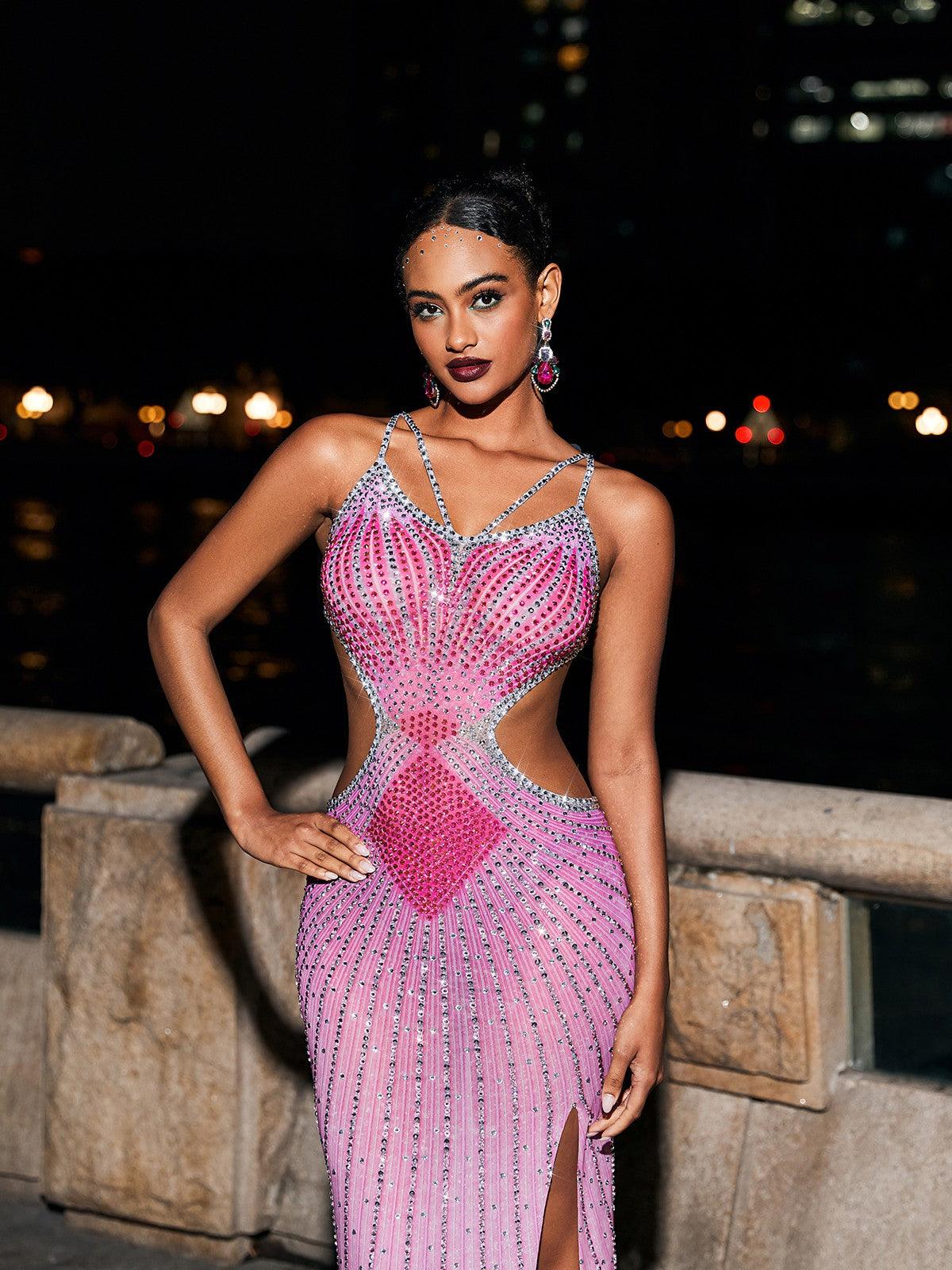 Grey Crystal Cutout Maxi Dress in Hot Pink, featuring a sophisticated design perfect for formal events.