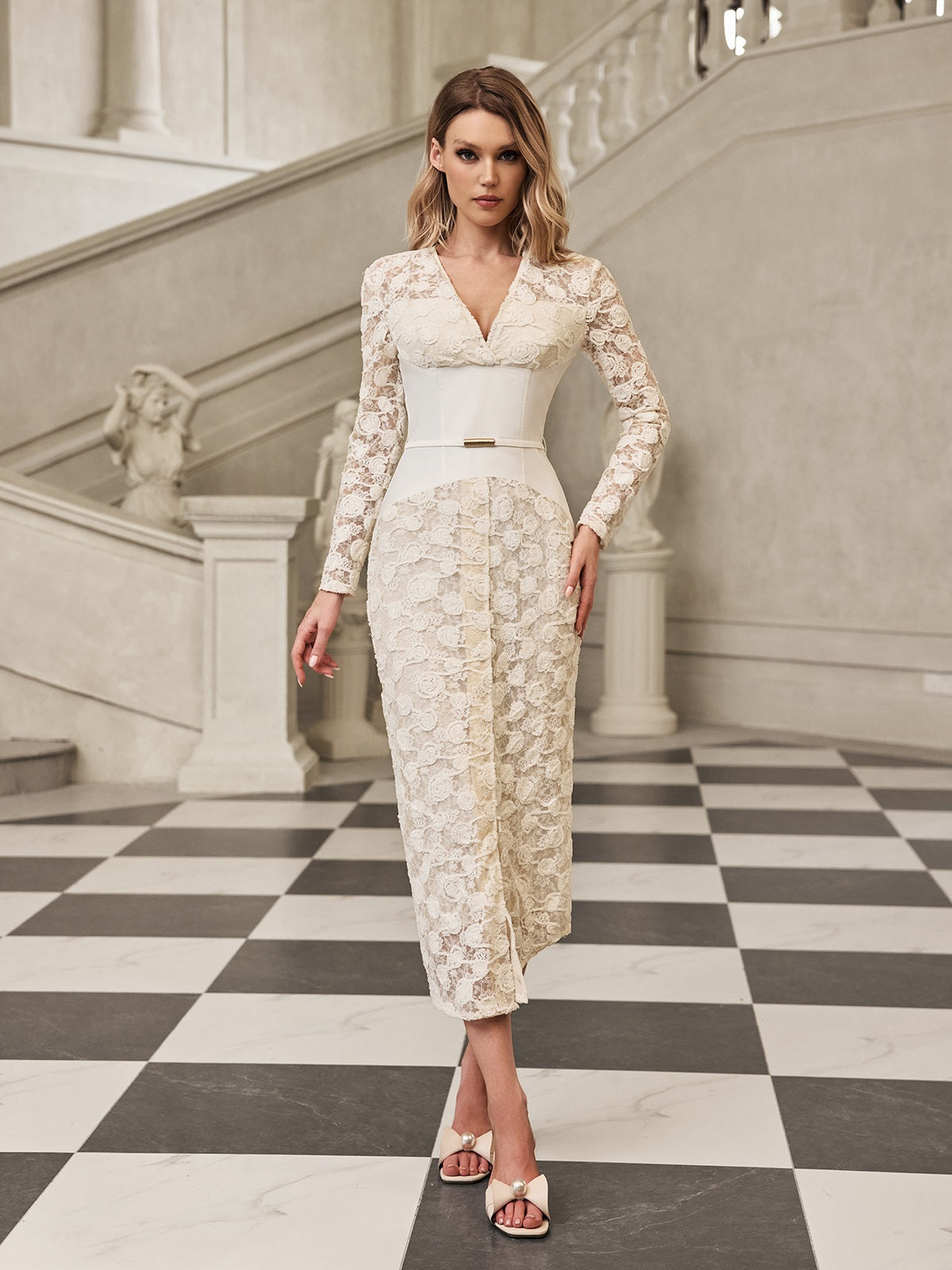Gryia V Neck Lace Midi Dress