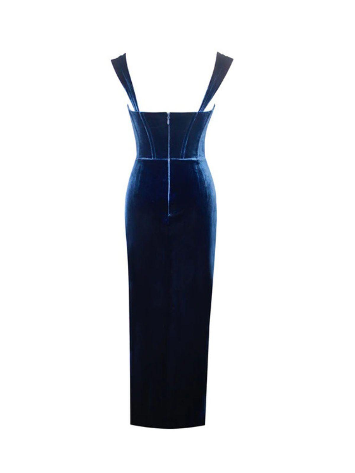 Guine Asymmetric Velvet Dress in blue, showcasing elegant design with soft velvet fabric and eye-catching details.