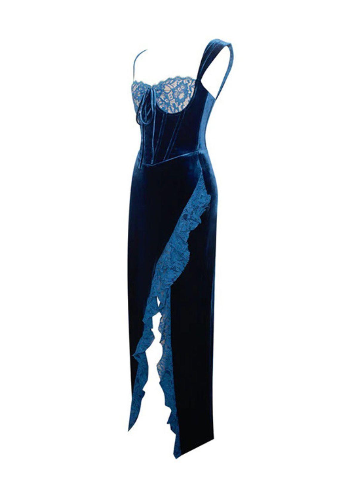 Guine Asymmetric Velvet Dress in blue, showcasing elegant design with soft velvet fabric and eye-catching details.