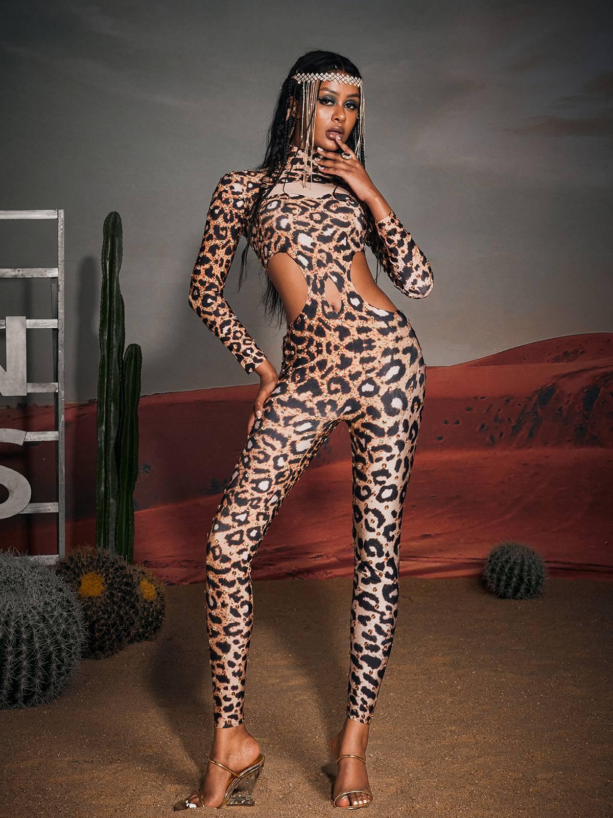 Gunner Cutout Leopard Rhinestone Jumpsuit featuring bold leopard print and glamorous rhinestone embellishments.