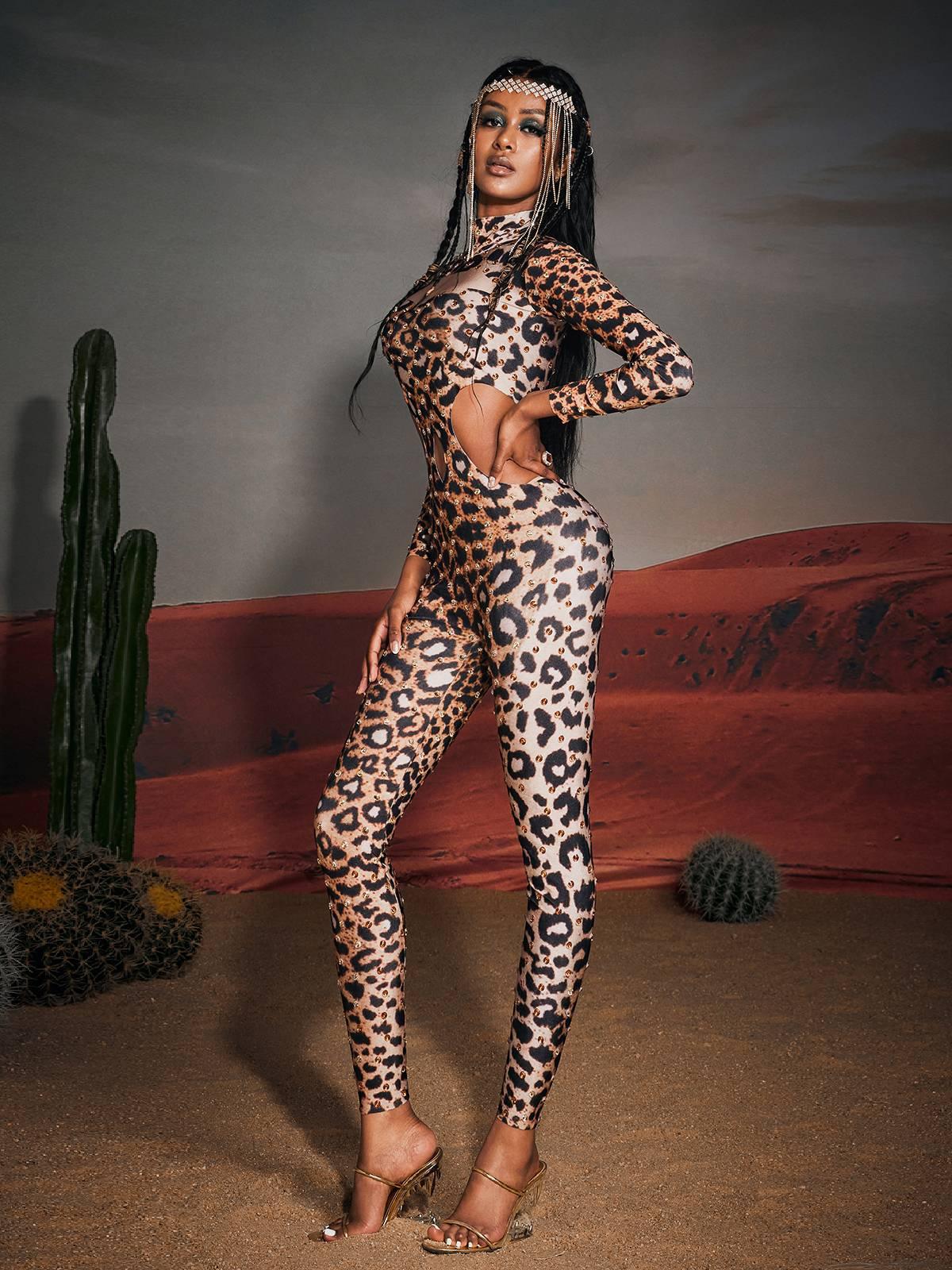 Gunner Cutout Leopard Rhinestone Jumpsuit featuring bold leopard print and glamorous rhinestone embellishments.