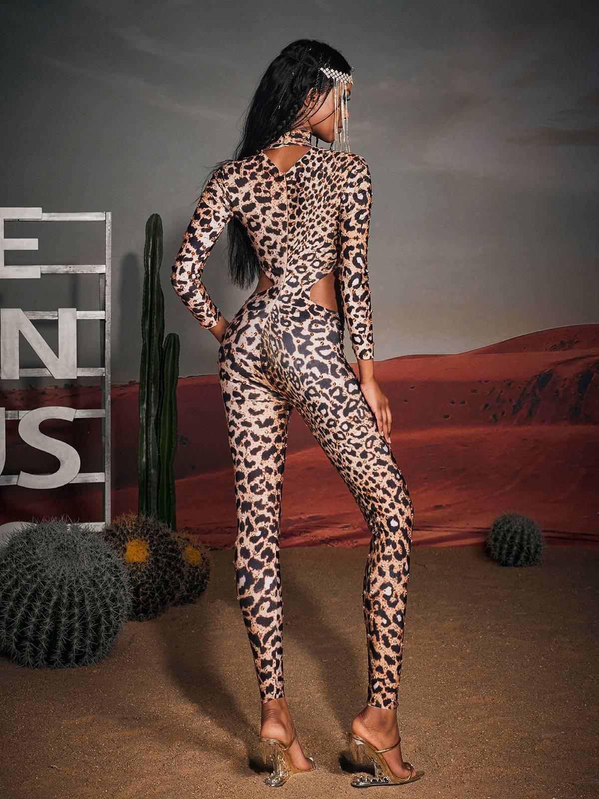 Gunner Cutout Leopard Rhinestone Jumpsuit featuring bold leopard print and glamorous rhinestone embellishments.