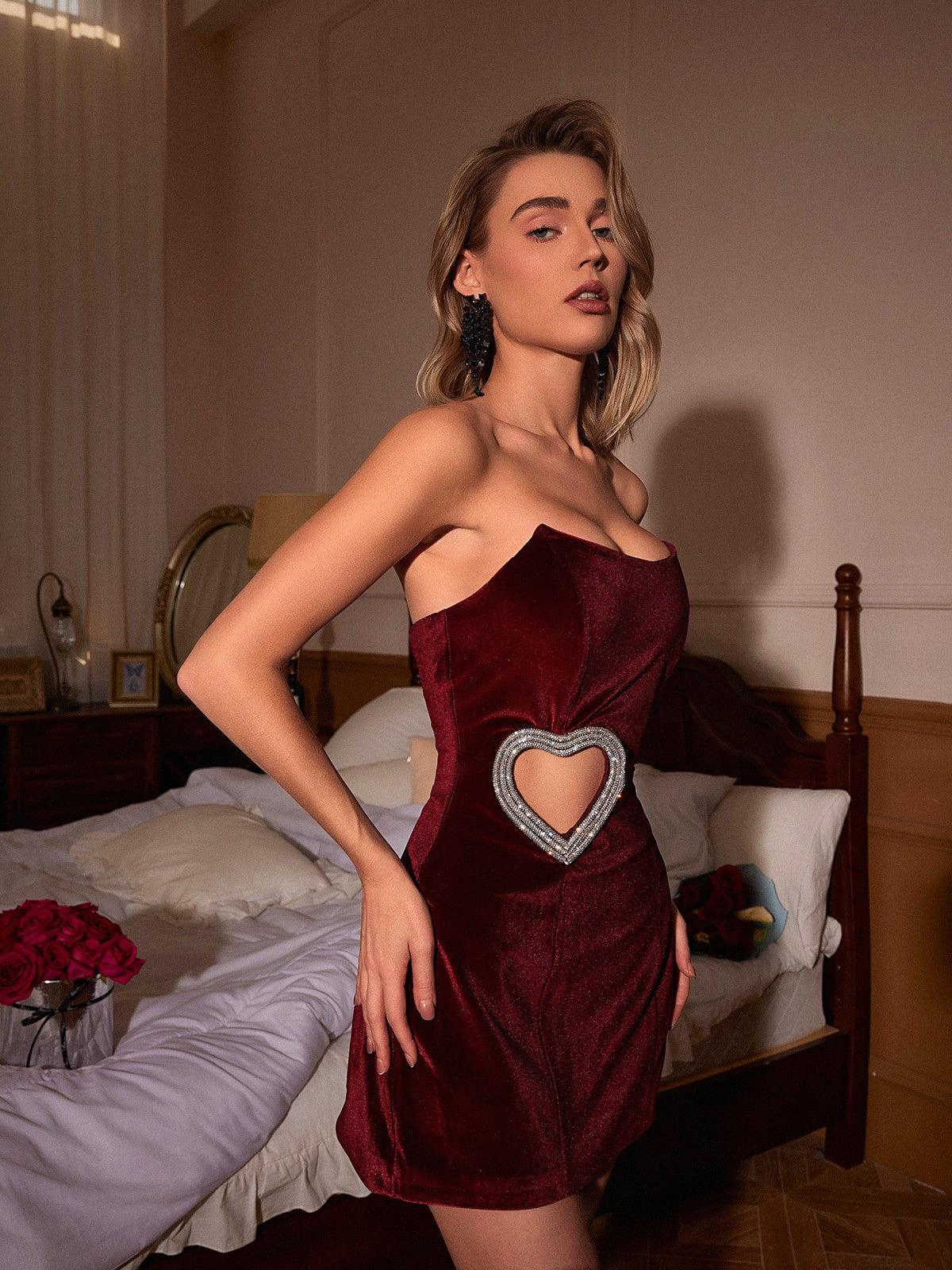 Gus Crystal Heart Cutout Velvet Dress in wine, showcasing intricate crystal accents and a chic strapless mini design.