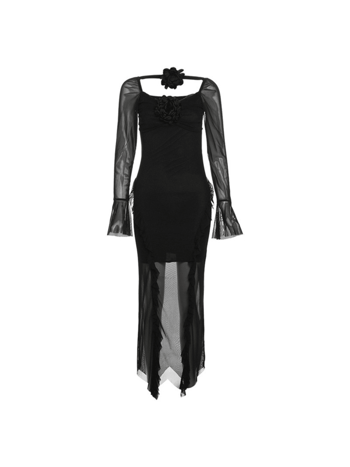 Gussie Flower Ruffle Mesh Dress in black, featuring long sleeves, ruffles, and a chic floral design, ideal for casual and special occasions.