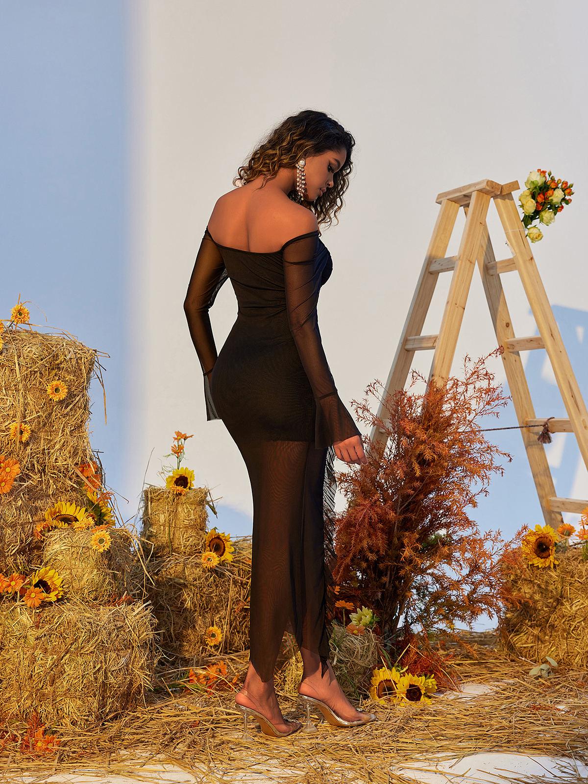 Gussie Flower Ruffle Mesh Dress in black, featuring long sleeves, ruffles, and a chic floral design, ideal for casual and special occasions.