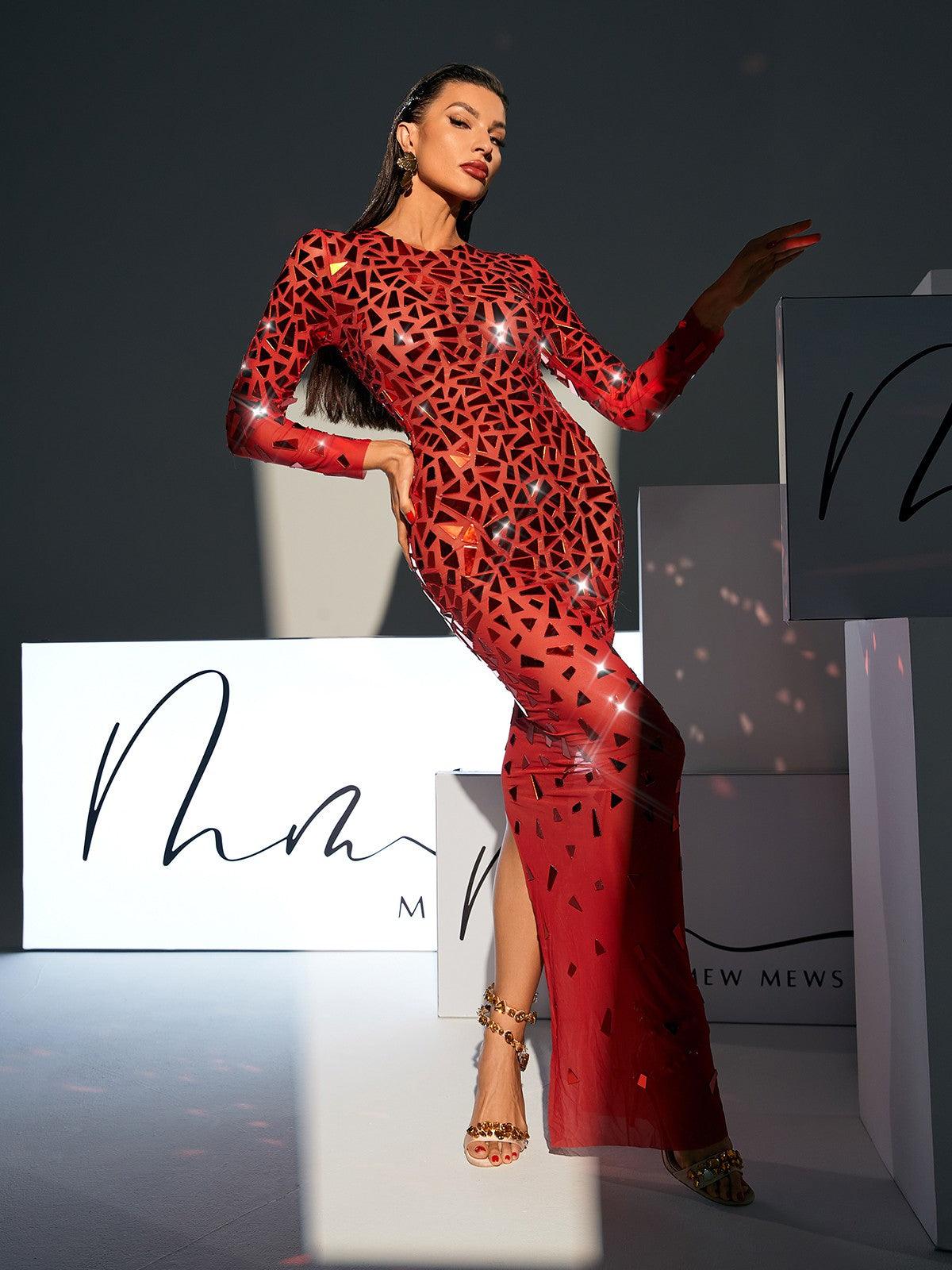 Guthrie Long Sleeve Acrylic Mesh Maxi Dress in red, featuring elegant long sleeves and a chic design, perfect for special events.