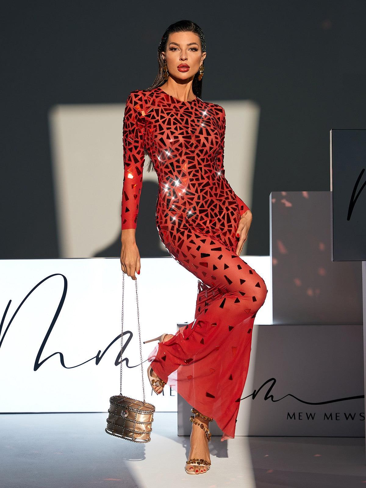 Guthrie Long Sleeve Acrylic Mesh Maxi Dress in red, featuring elegant long sleeves and a chic design, perfect for special events.