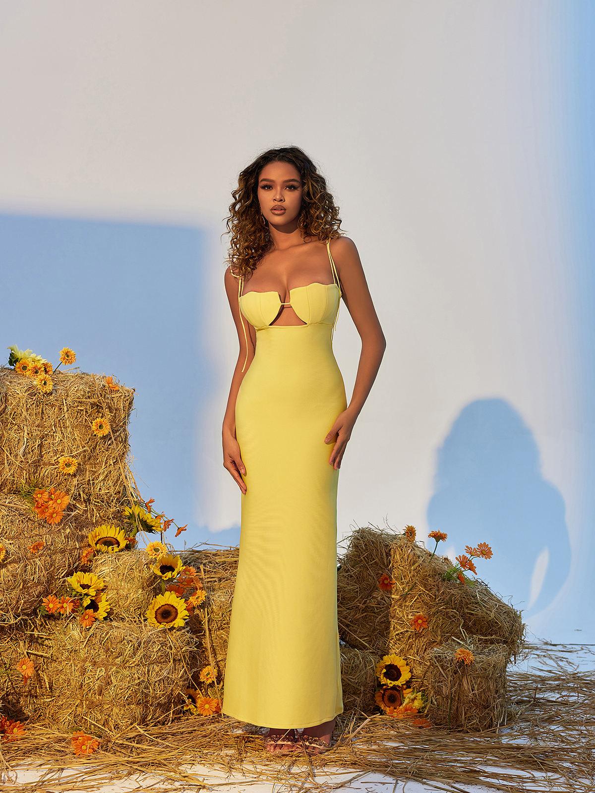 Gwyn Shell Cutout Maxi Bandage Dress in Yellow, featuring a halter neck and body-hugging fit, perfect for summer events.