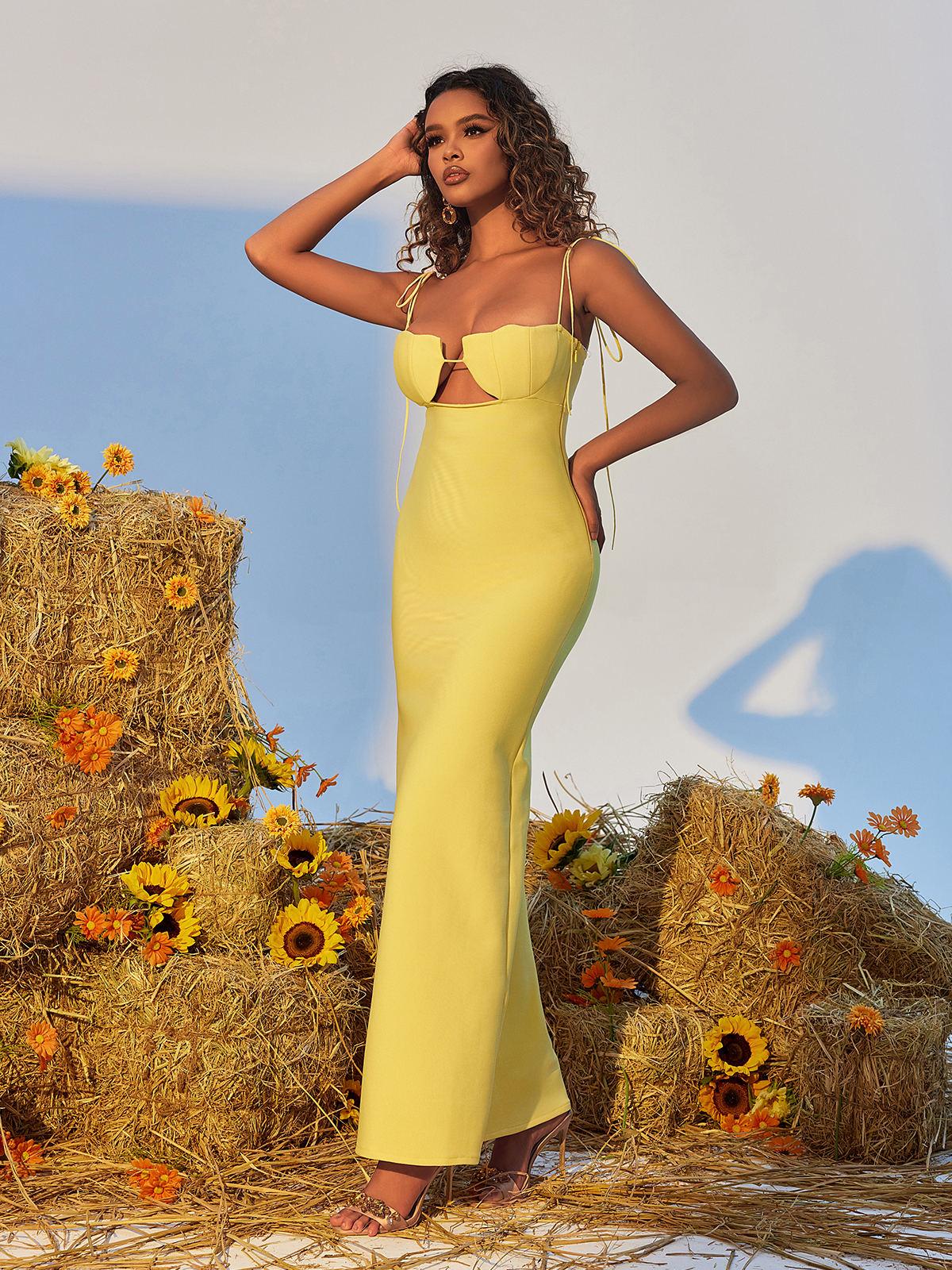 Gwyn Shell Cutout Maxi Bandage Dress in Yellow, featuring a halter neck and body-hugging fit, perfect for summer events.