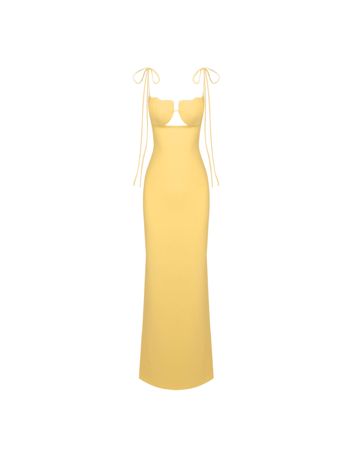 Gwyn Shell Cutout Maxi Bandage Dress in Yellow, featuring a halter neck and body-hugging fit, perfect for summer events.