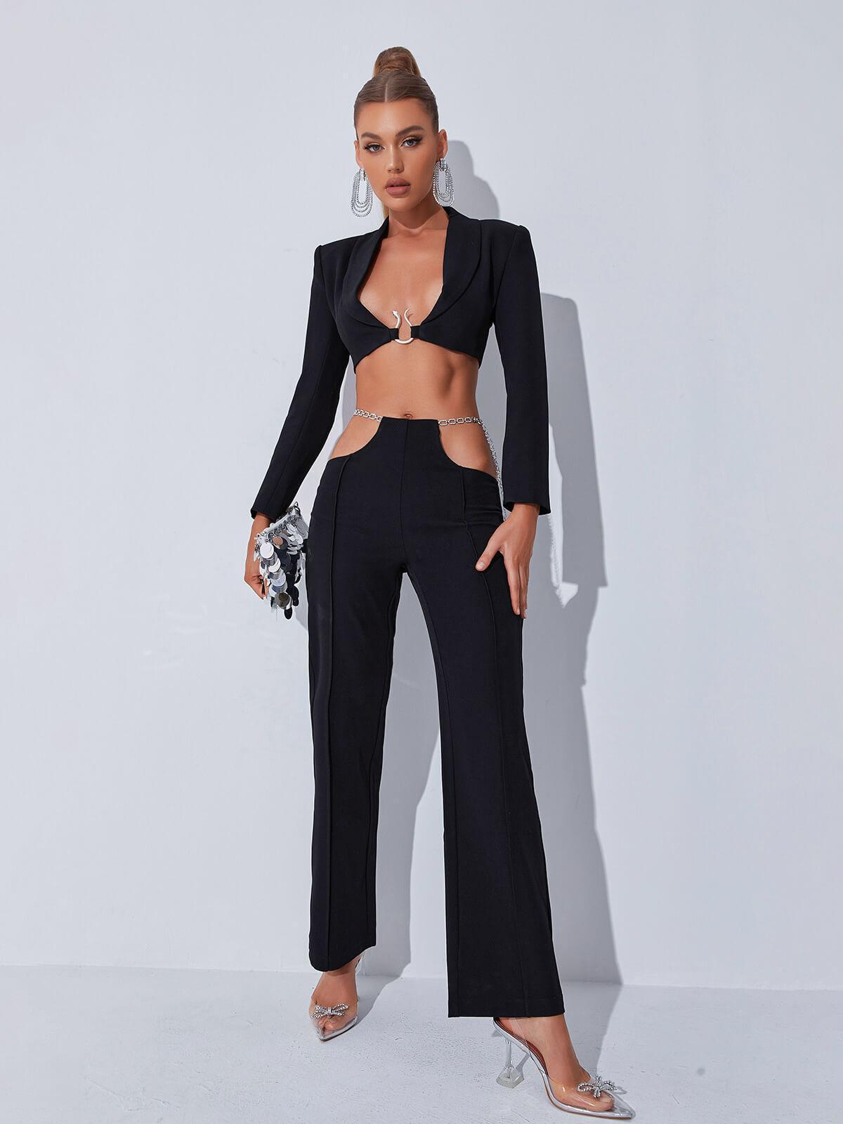 Gwyneth Plunge Chain Cutout Blazer Set in Black, featuring a stylish blazer with cutouts, tailored pants, and a plunging neckline.