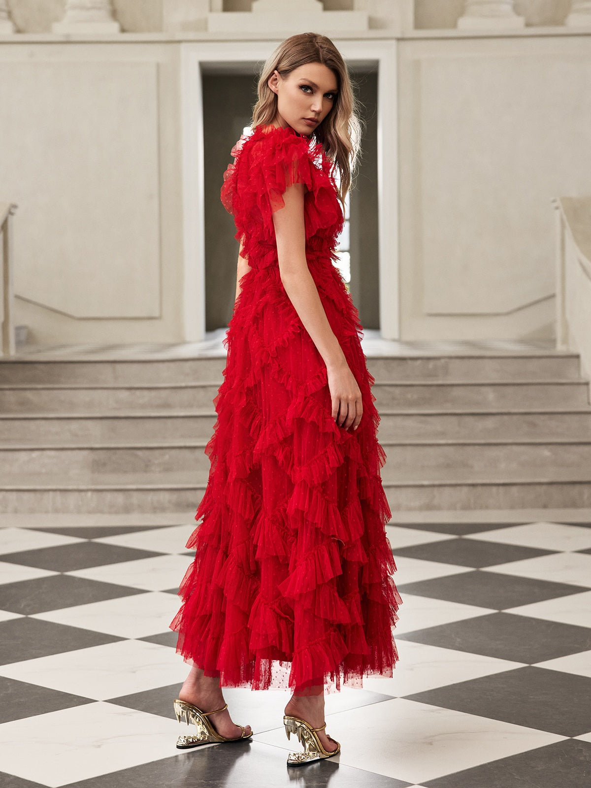 Gyraza Tulle Tiered Mesh Midi Dress