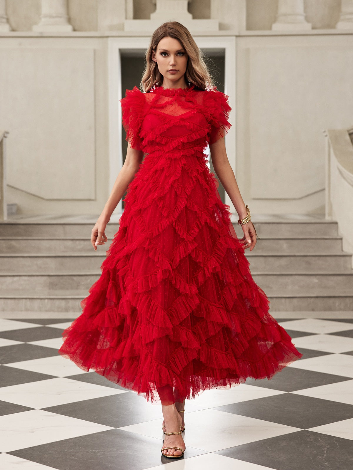 Gyraza Tulle Tiered Mesh Midi Dress