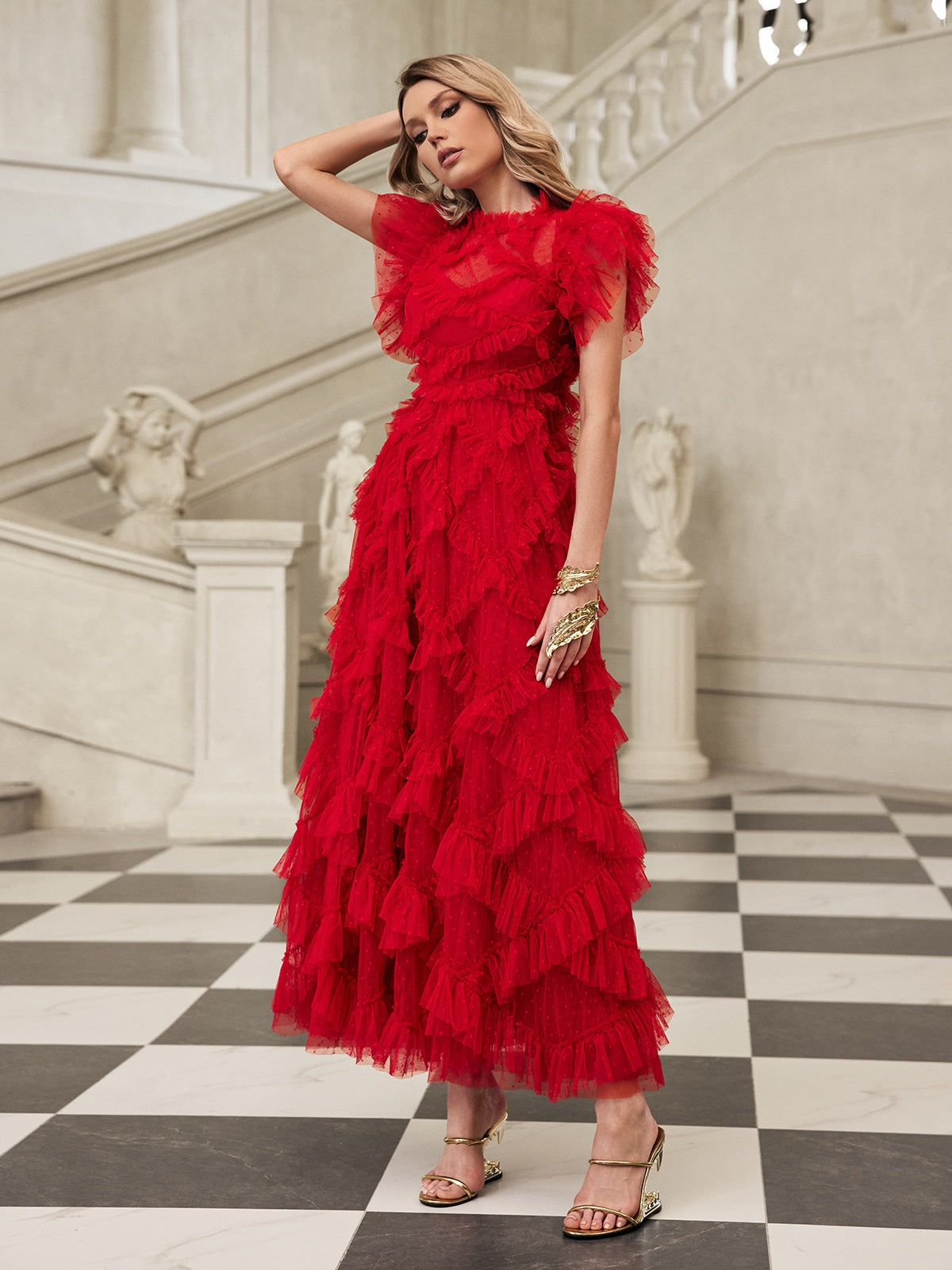 Gyraza Tulle Tiered Mesh Midi Dress