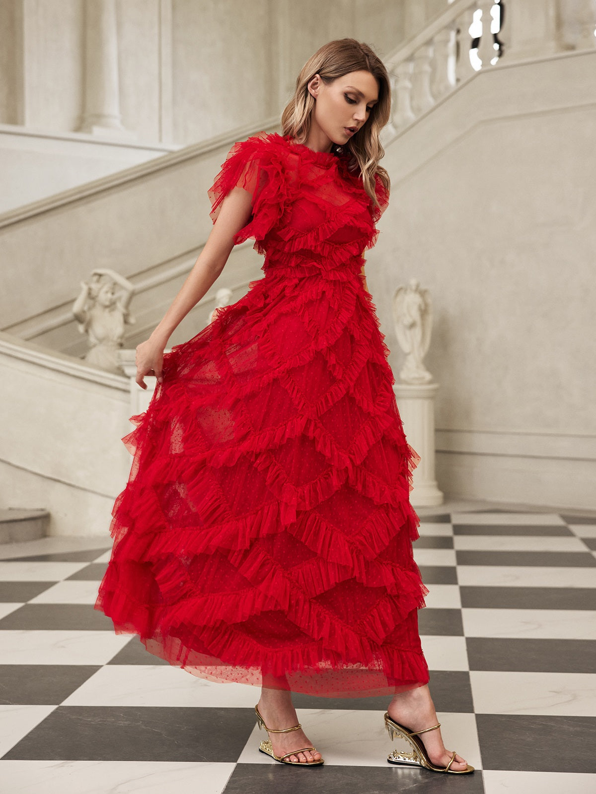 Gyraza Tulle Tiered Mesh Midi Dress