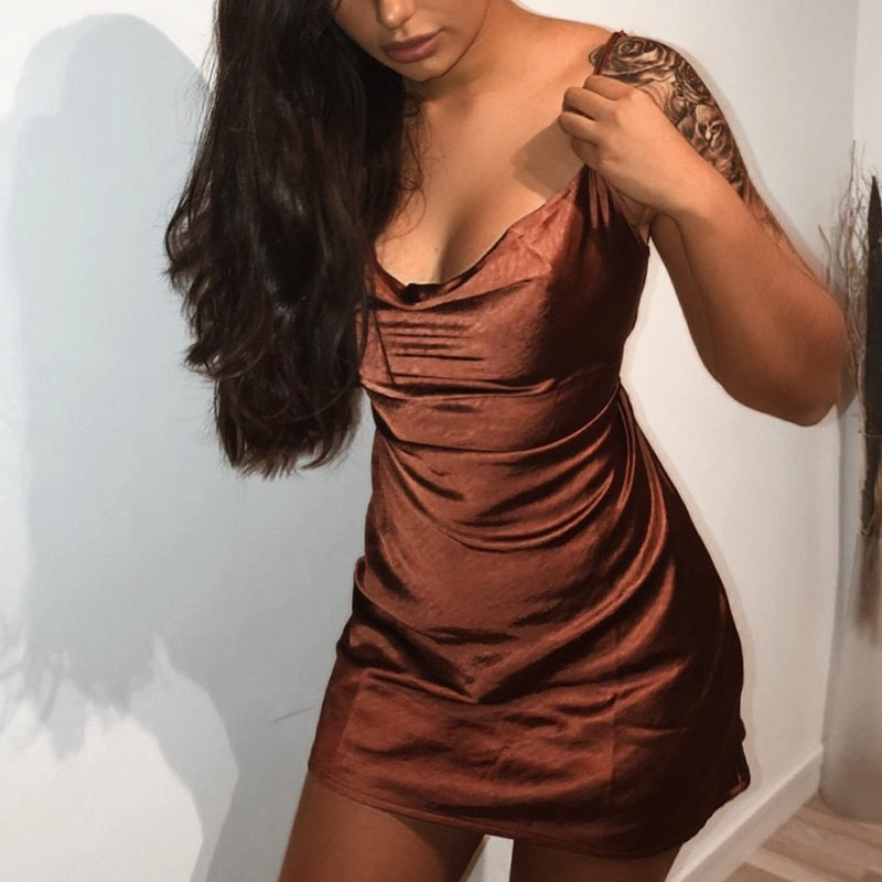 CHIC SATIN WAIST ADJUSTABLE STRAP DRESS-PURPLE
