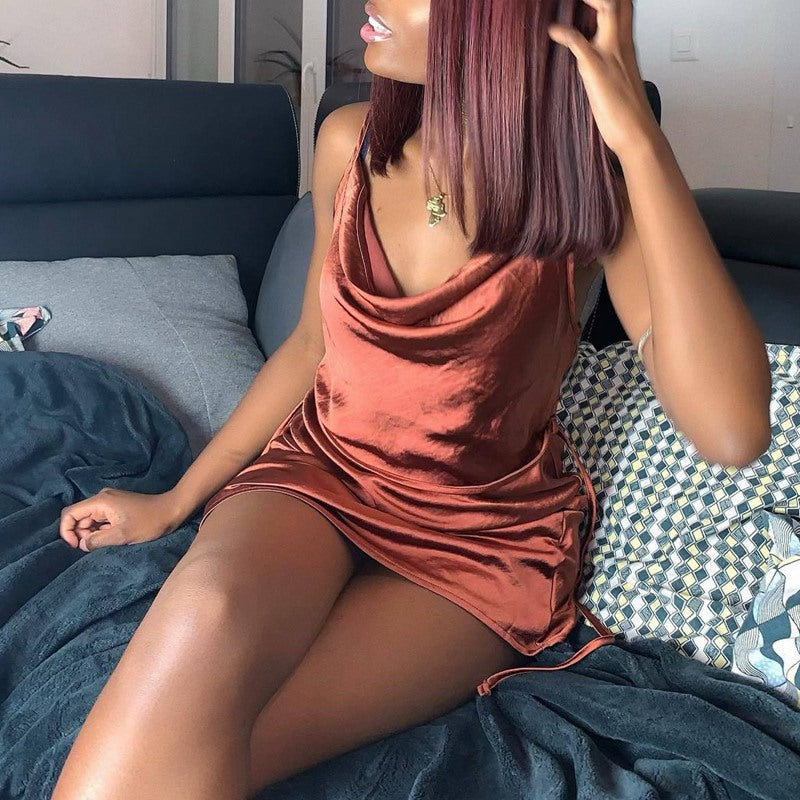 CHIC SATIN WAIST ADJUSTABLE STRAP DRESS