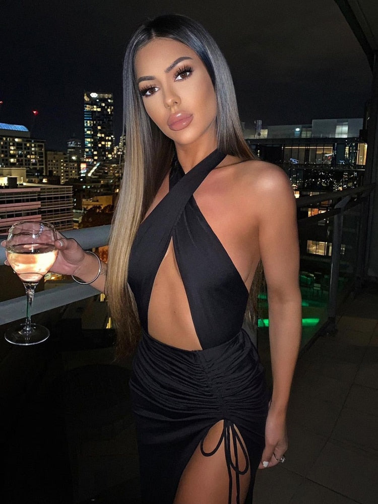 Navel Cutout Pleated Slit Long Dress