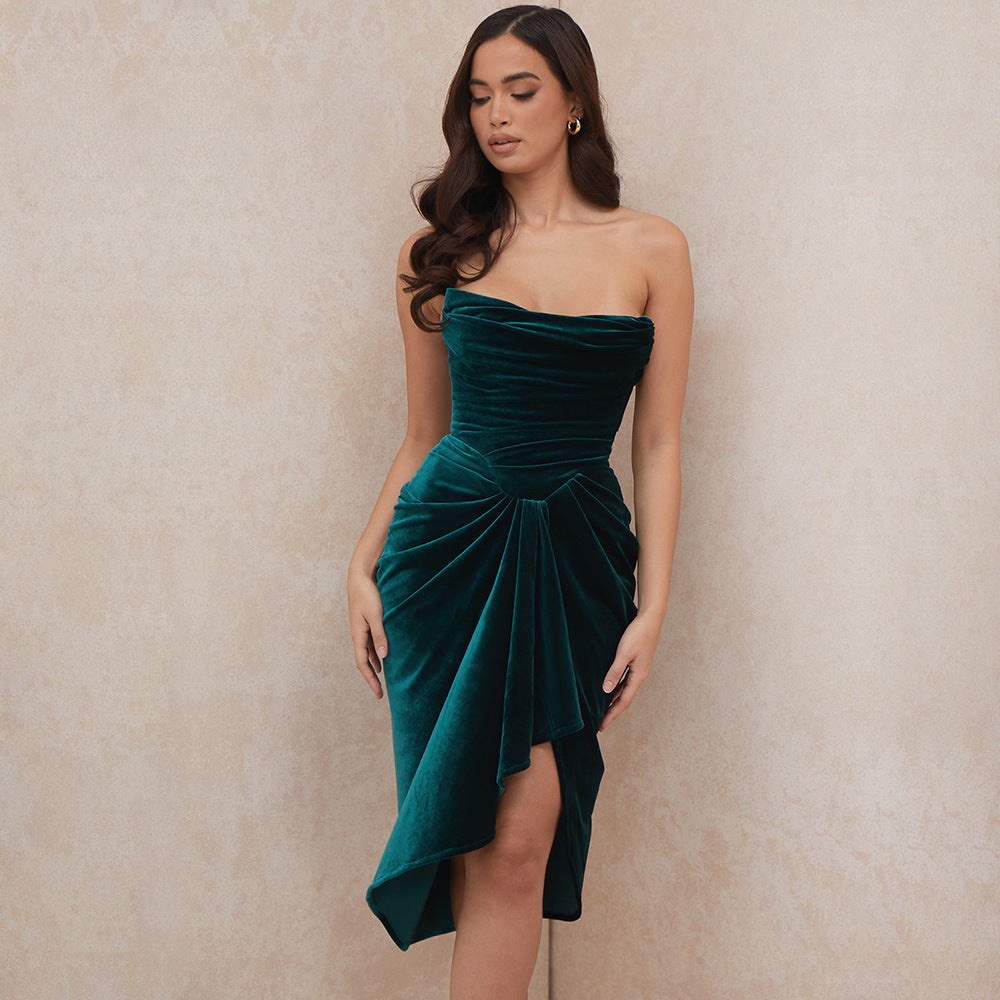 Gold Velvet Solid Color Irregular Midi Skirt Dress
