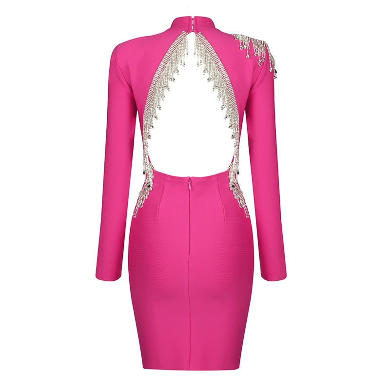 Backless Fringed Diamond Bandage Dress