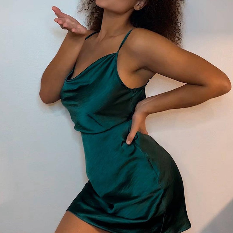 CHIC SATIN WAIST ADJUSTABLE STRAP DRESS