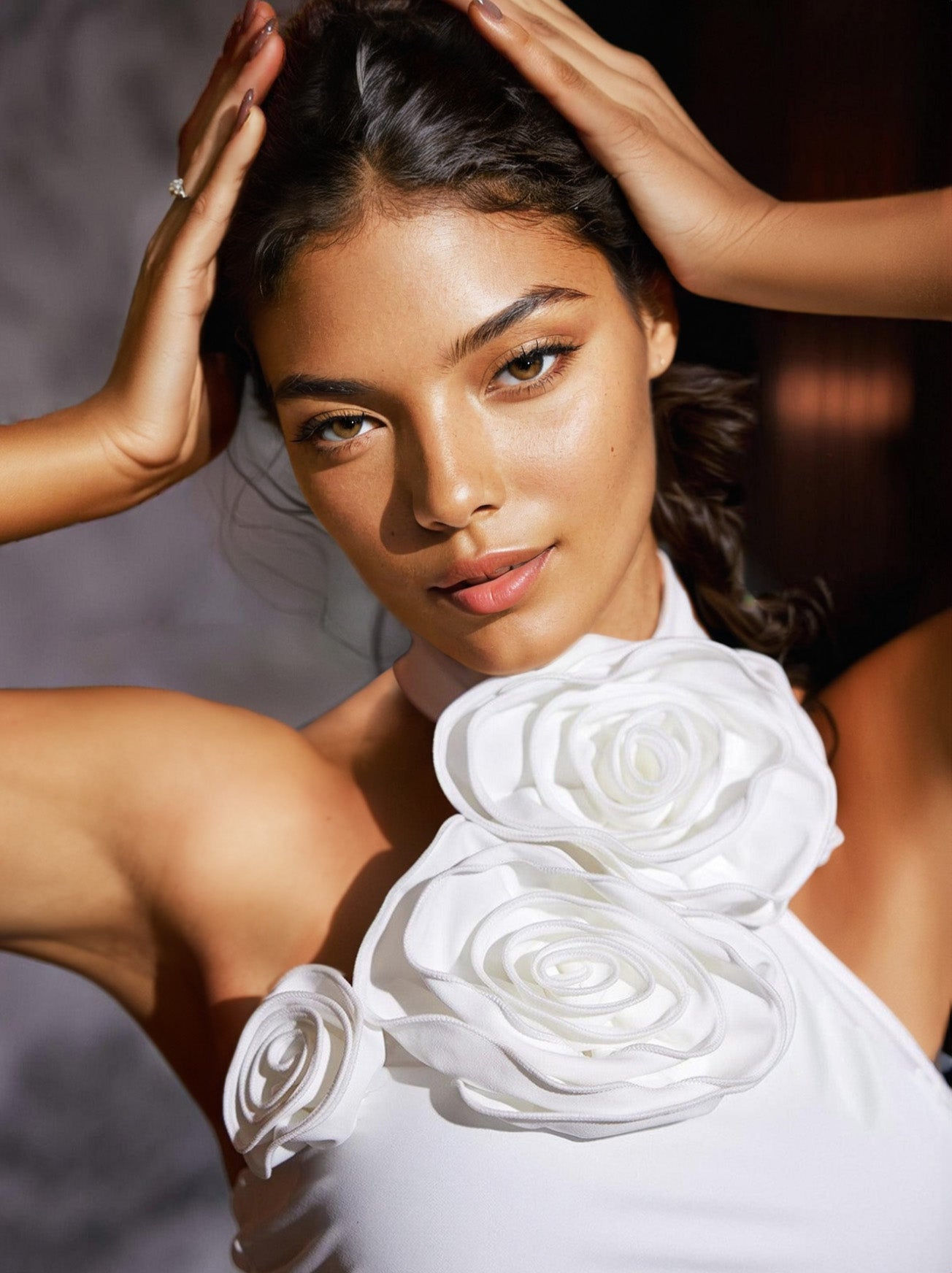 Lincoln Halterneck Draped Flower Maxi Dress In White